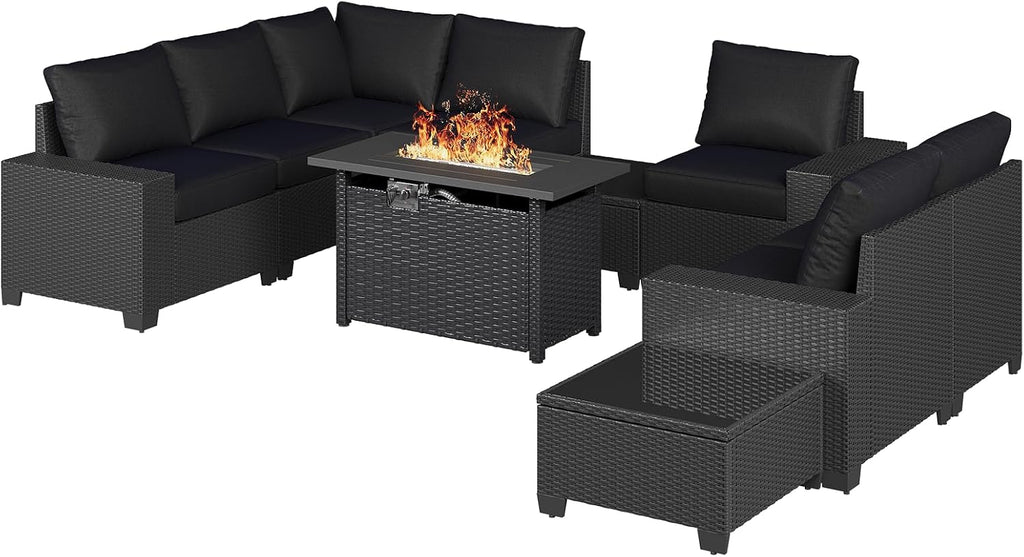 Aoxun 10-Piece Sectional Sofa with 44' Fire Pit, 4' Thicken Cushion, Widen Armrests Wicker for Backyard with Coffee Table, Black