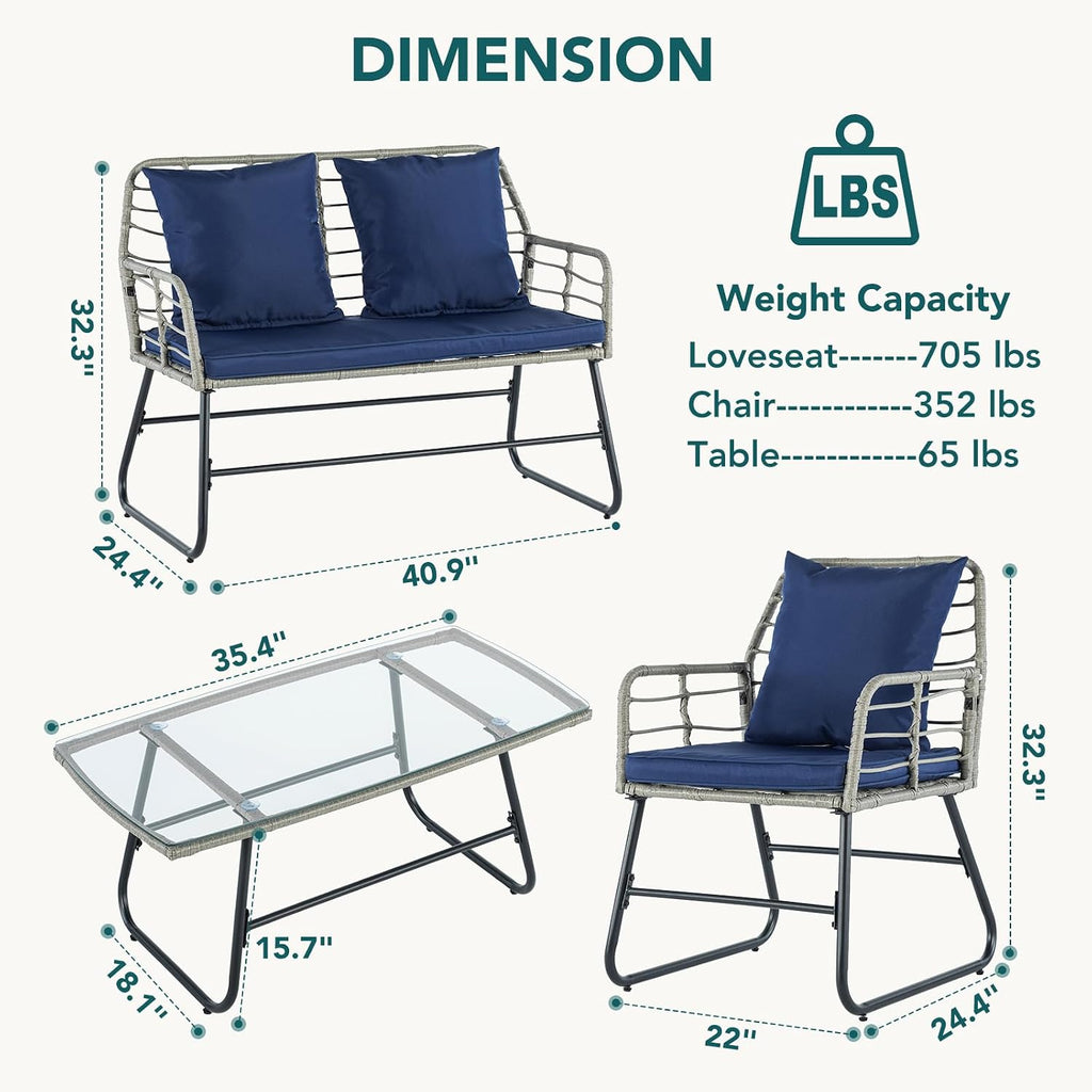 DUMOS Outdoor 4 Piece Patio Furniture Set, Wicker Patio Set with Thick Sandwich Structure Cushions, Deep Seating All-Weather Rattan Sofa and Functional Glass Table for Porch, Lawn, Grey