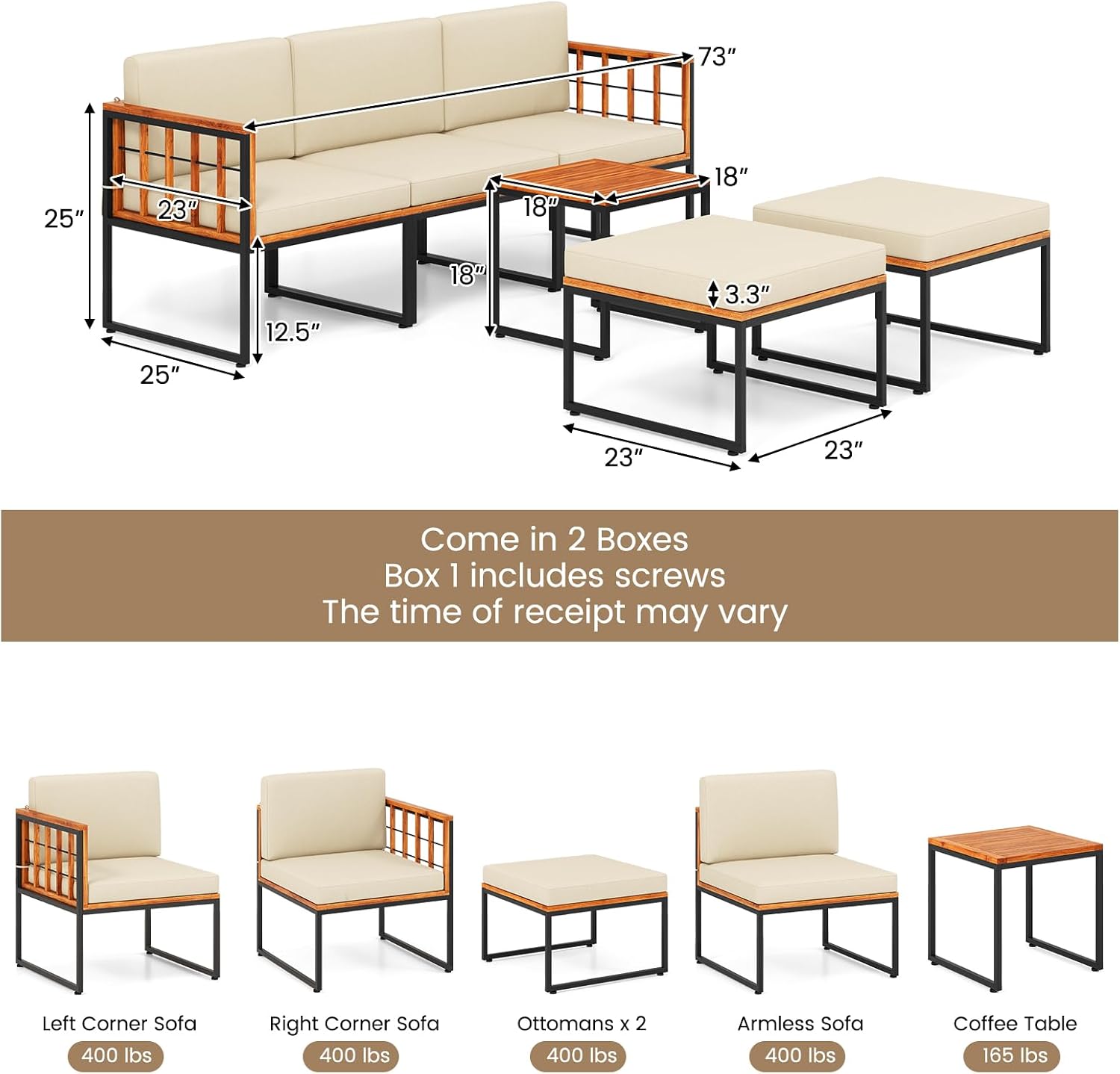 Tangkula 6 Pieces Acacia Wood Patio Furniture Set, Outdoor Sectional Conversation Sofa Set with Cushions, Coffee Table and Ottomans, Metal Frame Patio Sofas for Garden, Poolside, Backyard, Beige