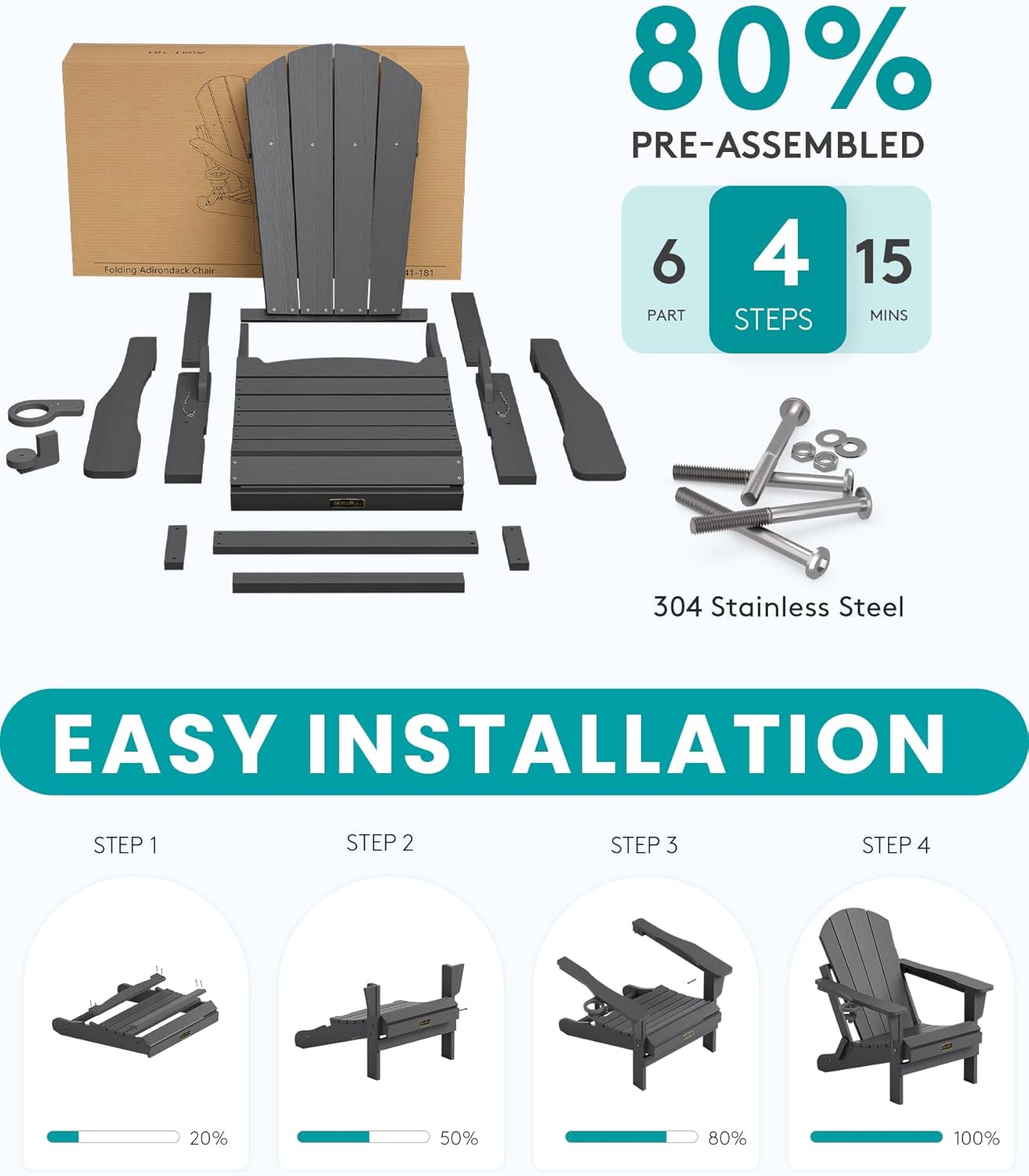 SERWALL Folding Adirondack Chair with Cup Holder Set of 4, Weather Resistant HIPS Patio Chairs, Wooden Textured, Fire Pit Chairs for Garden Outdoors Fire Pit - Gray