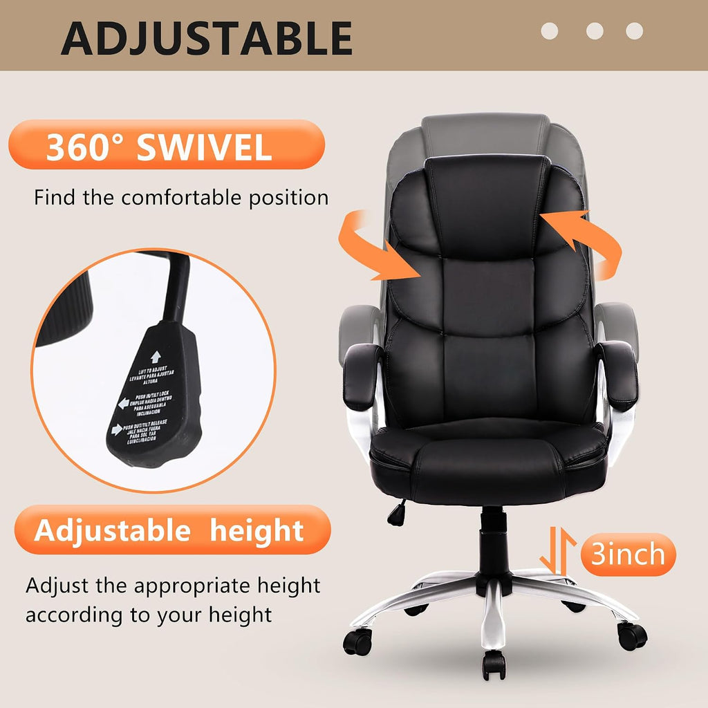 FDW Office Chair Computer High Back Adjustable Ergonomic Desk Chair Executive PU Leather Swivel Task Chair with Armrests Lumbar Support (Dark Black)