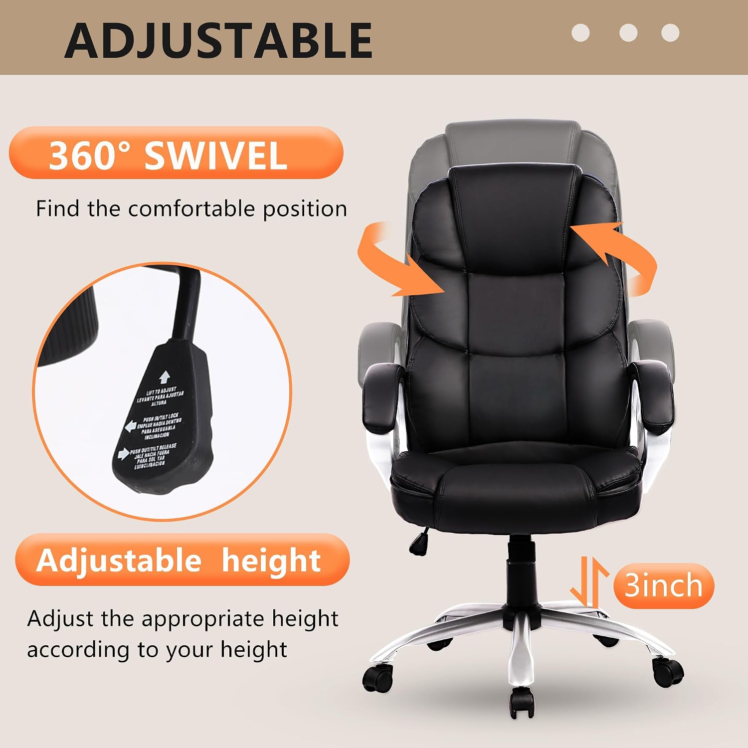 FDW Office Chair Computer High Back Adjustable Ergonomic Desk Chair Executive PU Leather Swivel Task Chair with Armrests Lumbar Support (Dark Black)