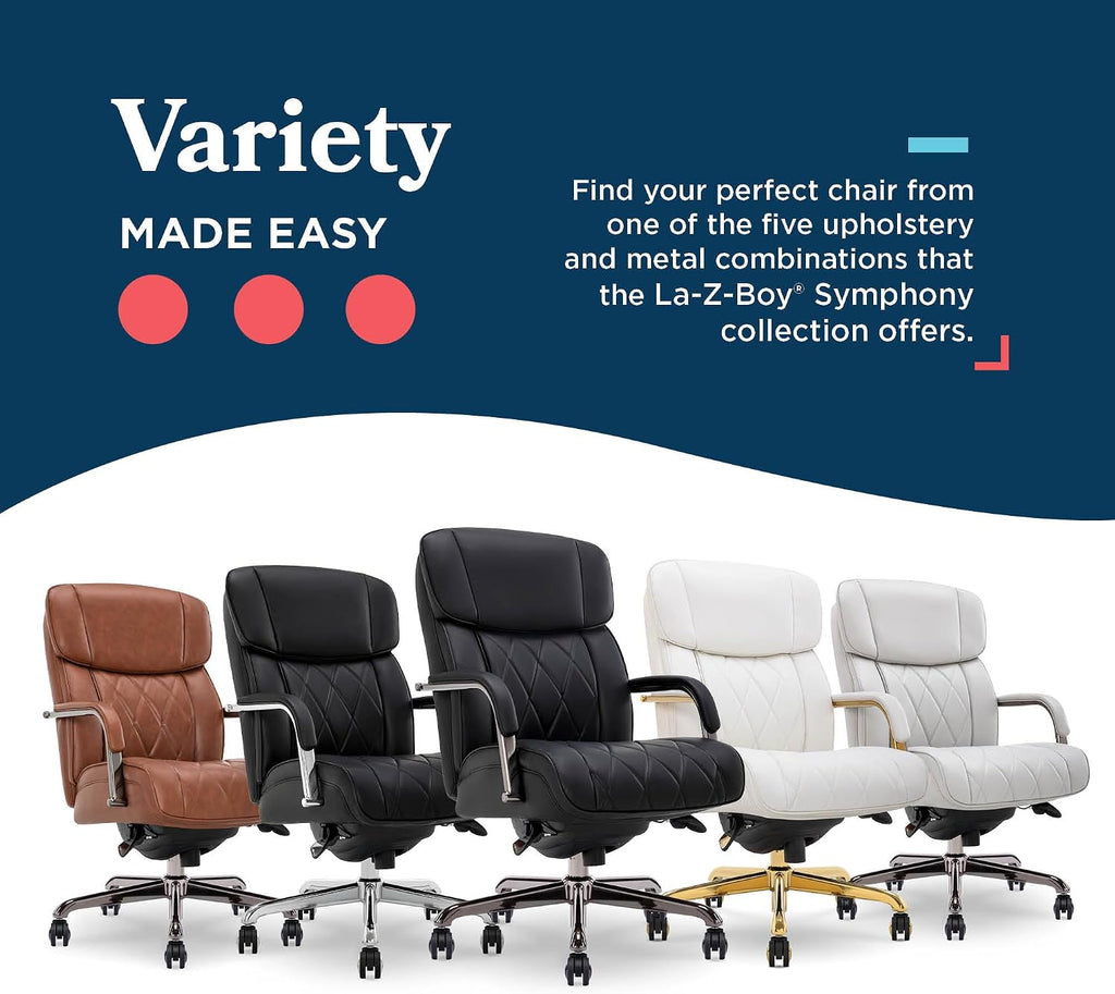 La-Z-Boy Symphony Executive Mid-Back Office Chair, Diamond Quilt Seat and Back, Pocket Coil Cushion, Padded Armrests, Ergonomic Computer DeskChair, Swivel Metal Base, Bonded Leather, Black/Graphite