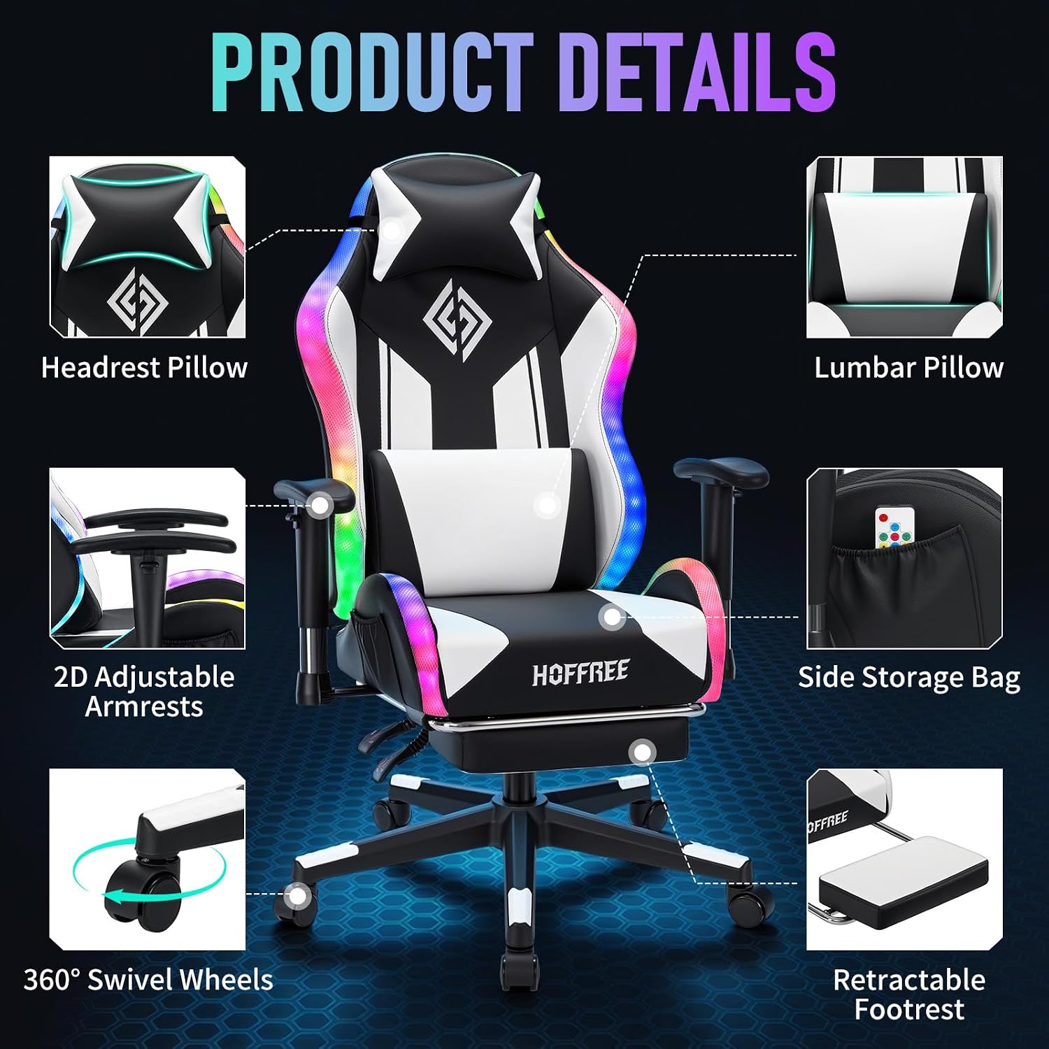 HOFFREE RGB LED Gaming Chair for Kids Reclining Gaming Chairs for Teens 8-15 Computer Chair with RGB Lights Kids PC Game Chair with Footrest and Lumbar Support Video Game Chairs White and Black