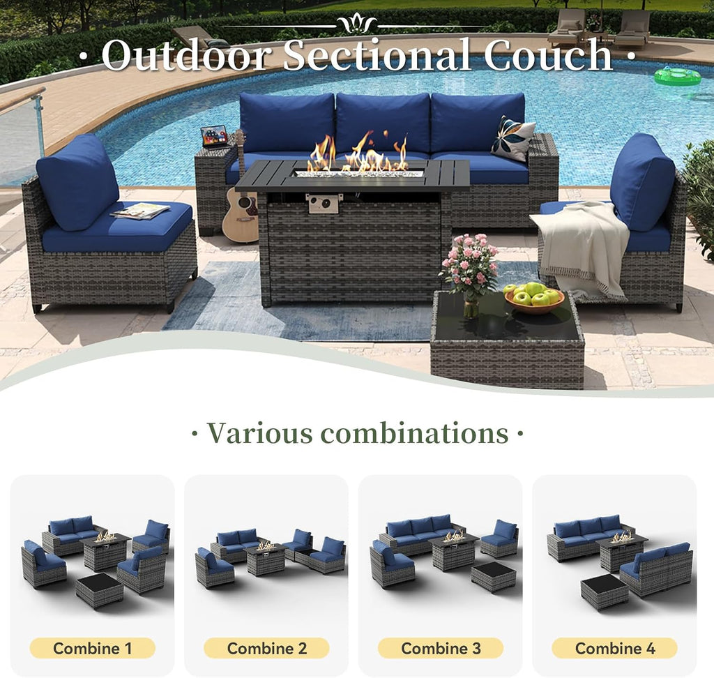 Aoxun 7 Piece Patio Furniture Set with Wide Armrests & 44' Fire Pit Table Wicker Rattan Outdoor Sectional Sofa Set with Coffee Table and Thickened Cushions, Gray/Blue(Waterproof Cover Included)