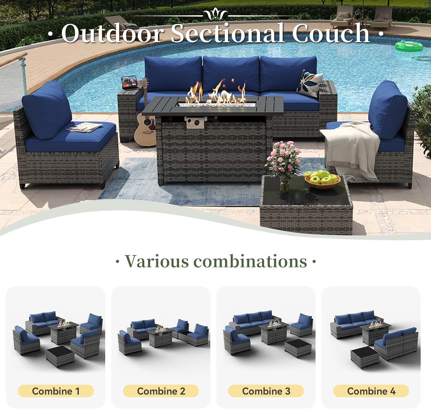Aoxun 7 Piece Patio Furniture Set with Wide Armrests & 44' Fire Pit Table Wicker Rattan Outdoor Sectional Sofa Set with Coffee Table and Thickened Cushions, Gray/Blue(Waterproof Cover Included)