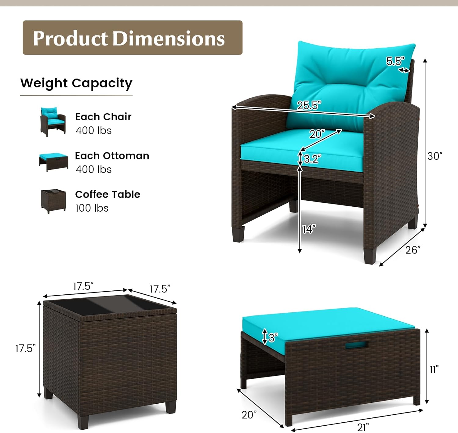 KOTEK 5 Pieces Patio Furniture Set with Ottomans, Wicker Patio Conversation Set with Coffee Table & Cushions, PE Rattan Outdoor Lounge Chairs for Backyard, Porch, Poolside (Mix Brown- Turquoise)