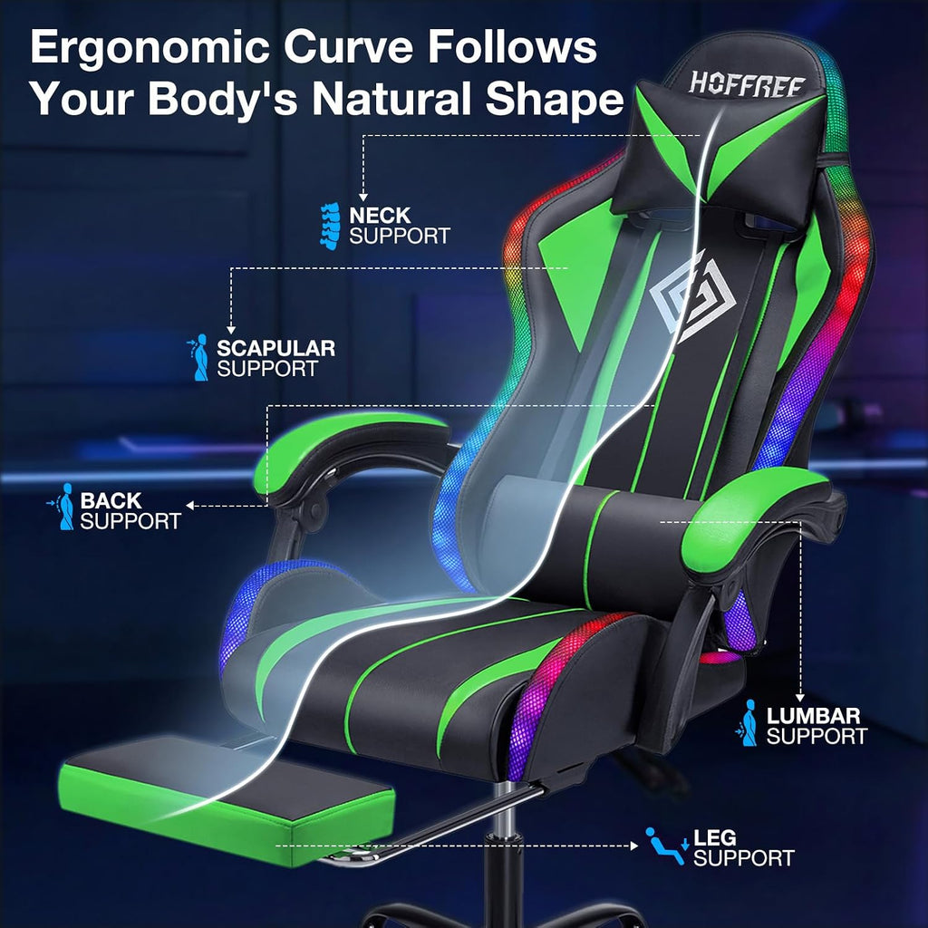 HOFFREE RGB Gaming Chair with Speakers Massage Computer Gaming Chair with LED Lights and Footrest High Back Video Game Chair for Adults Green and Black