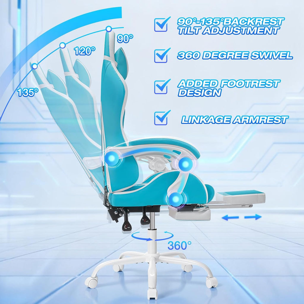 HOFFREE Gaming Chair with LED RGB Lights Massage Ergonomic Video Game Chairs with Footrest High Back Reclining Computer Chair with Adjustable Lumbar Support Blue and White