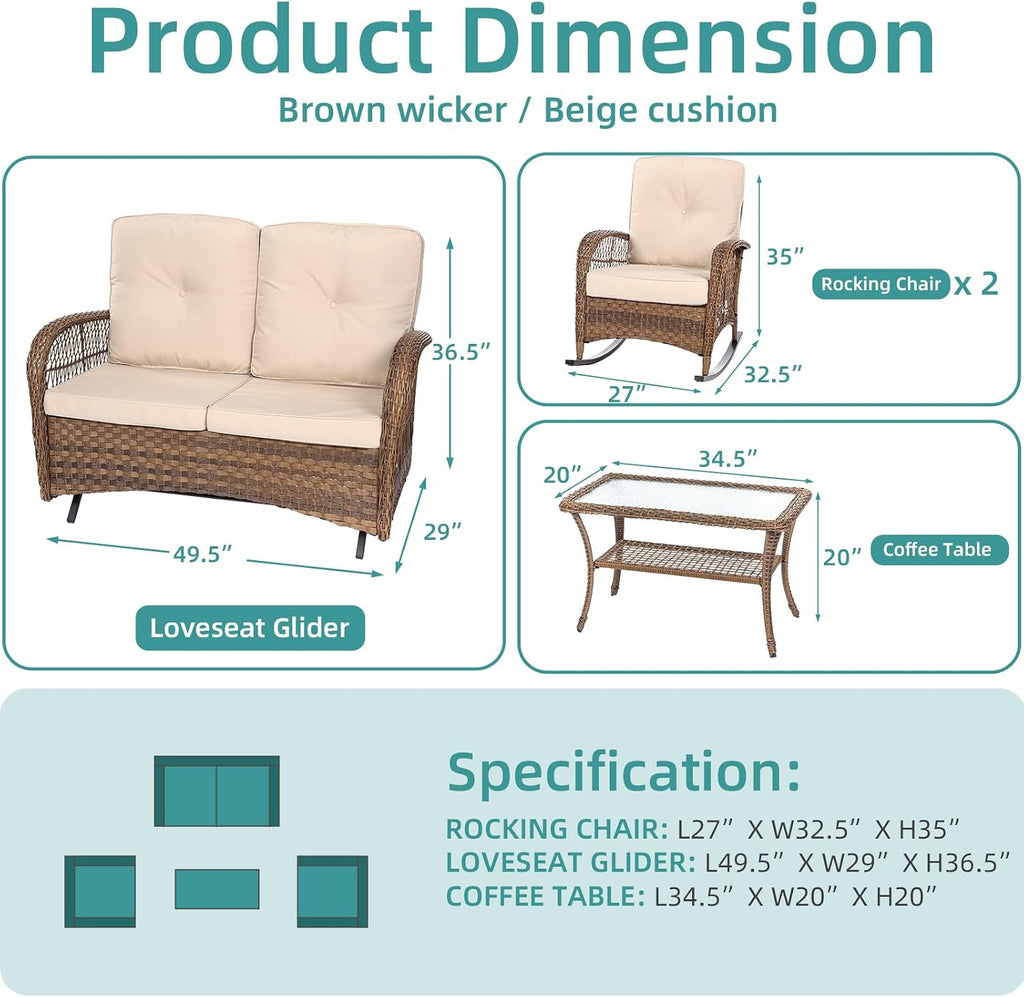 MEETWARM 4 Pieces Outdoor Wicker Patio Conversation Sets with Glider Loveseat, 2 Chairs with Glass-Top Coffee Table Rocking Chair Set, Wicker Conversation Set with Thickened Cushions