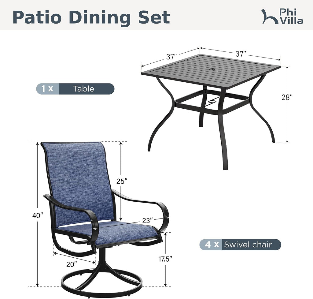 PHI VILLA 5 PCS Outdoor Patio Dining Set with Swivel Dining Chairs (Blue) and 37'x 37' Metal Steel Dining Table(1.57' Umbrella Hole), All Weather Patio Dining Furniture Set for Deck Lawn Garden