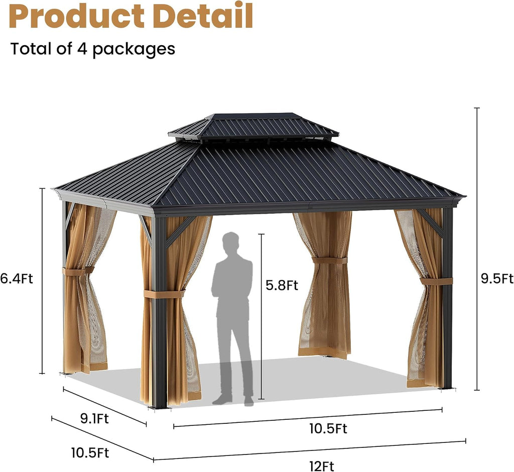 COSIEST 10X12 FT Hardtop Gazebo Rustproof Double Roof Metal Gazebo with Steel Columns & Netting Curtains Poolside,Deck,BBQ Area (Dark Gray)