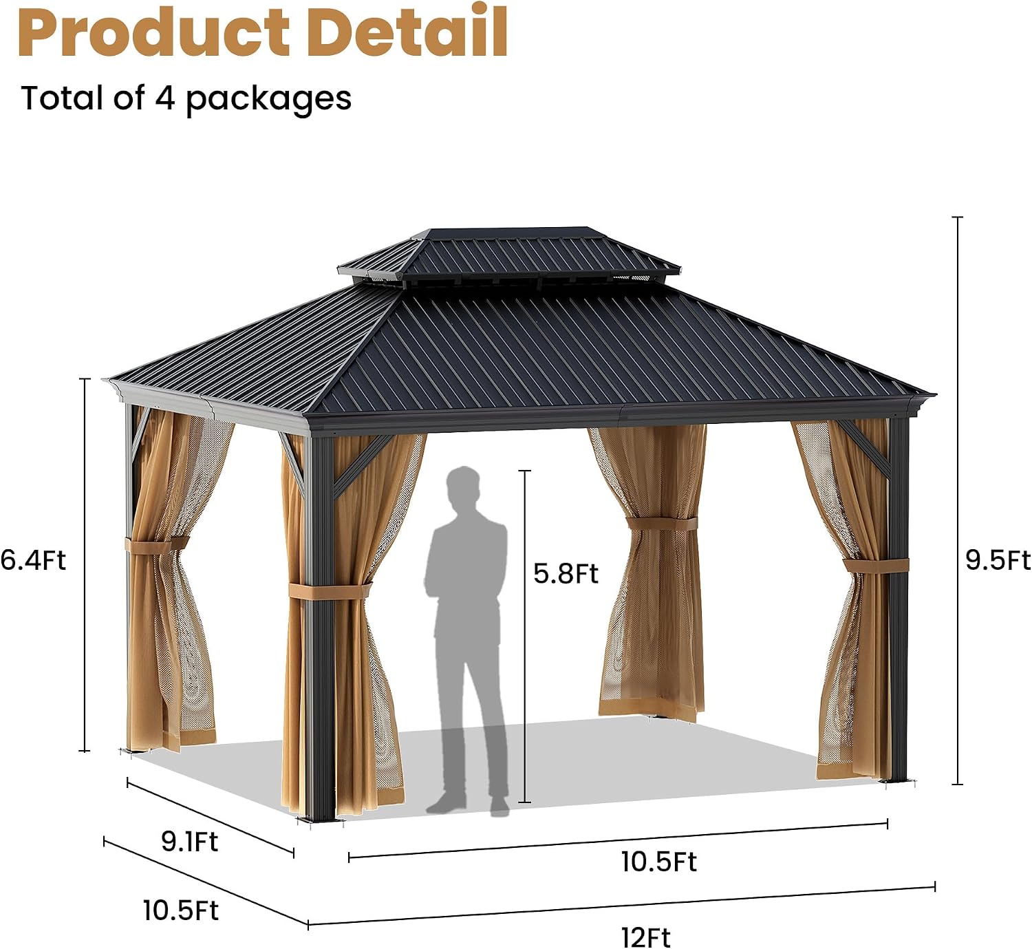 COSIEST 10X12 FT Hardtop Gazebo Rustproof Double Roof Metal Gazebo with Steel Columns & Netting Curtains Poolside,Deck,BBQ Area (Dark Gray)