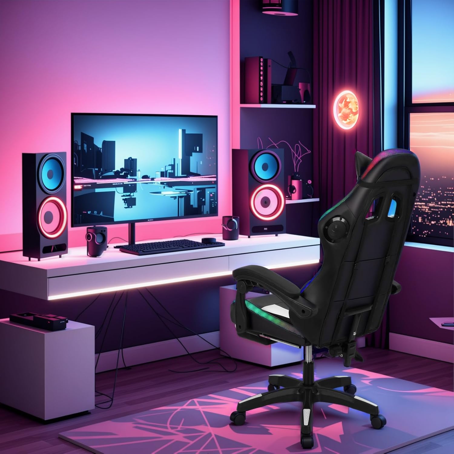 Gaming Chair with Bluetooth Speakers ＆ LED Lights, Ergonomic Massage Computer Chair Height Adjustable, Video Game Chair with 360° Swivel Seat and Headrest, 397LBS Load