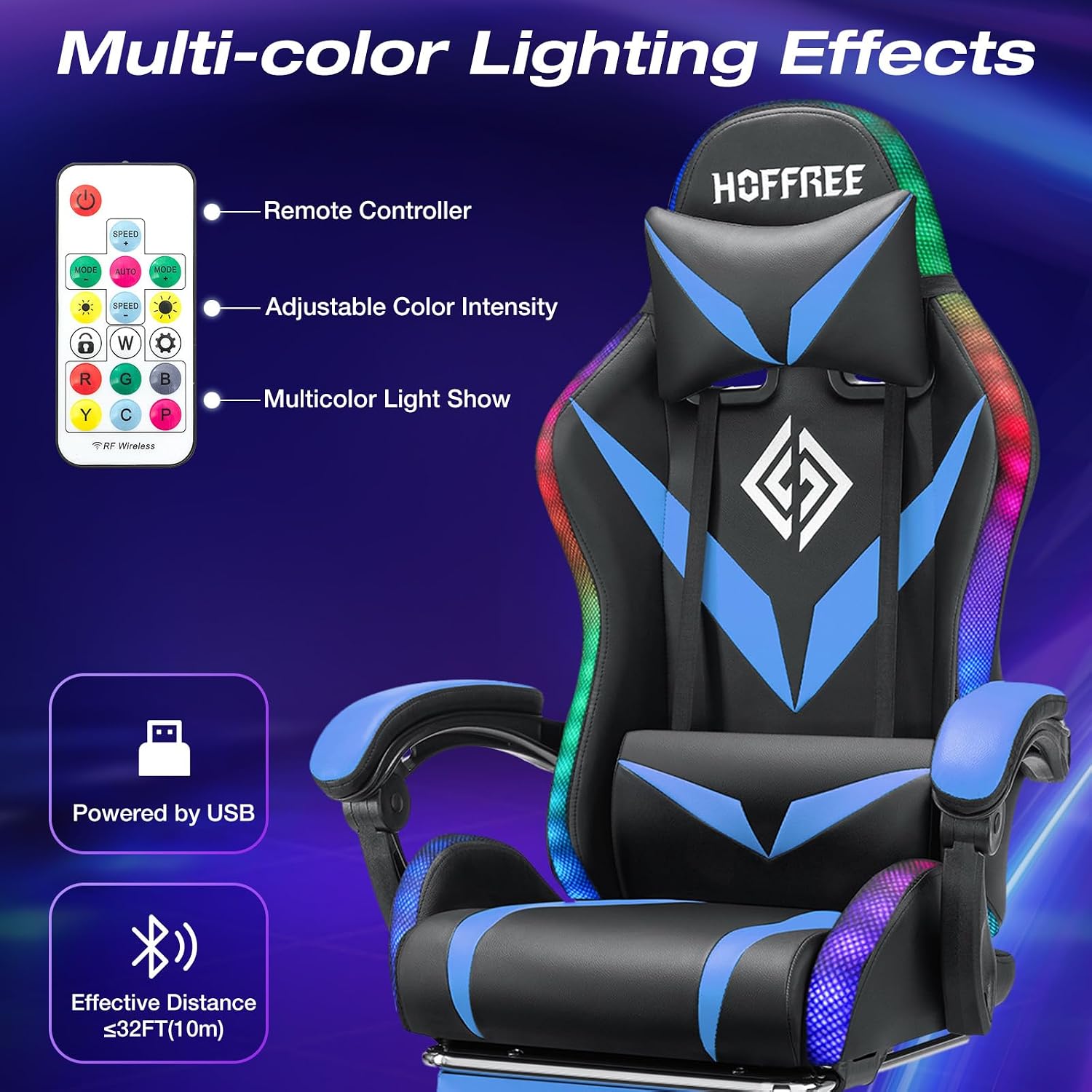 HOFFREE Gaming Chair with LED RGB Lights Massage Video Gamer Chairs with Footrest Ergonomic High Back Reclining Computer Chair with Adjustable Lumbar Support Blue and Black