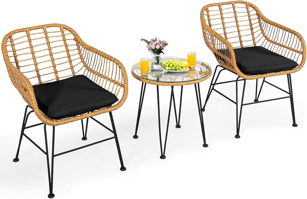 Tangkula 3 Pieces Patio Bistro Set, Rattan Conversation Set with 2 Cushioned Armchairs & Round Glass Coffee Table, Indoor Outdoor Wicker Furniture Set for Balcony, Backyard, Garden, Poolside