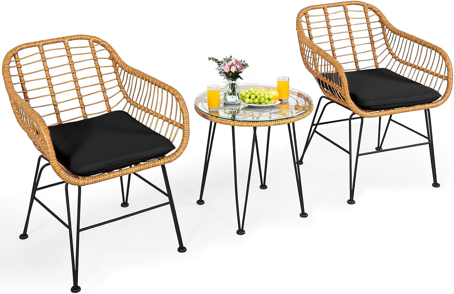 Tangkula 3 Pieces Patio Bistro Set, Rattan Conversation Set with 2 Cushioned Armchairs & Round Glass Coffee Table, Indoor Outdoor Wicker Furniture Set for Balcony, Backyard, Garden, Poolside