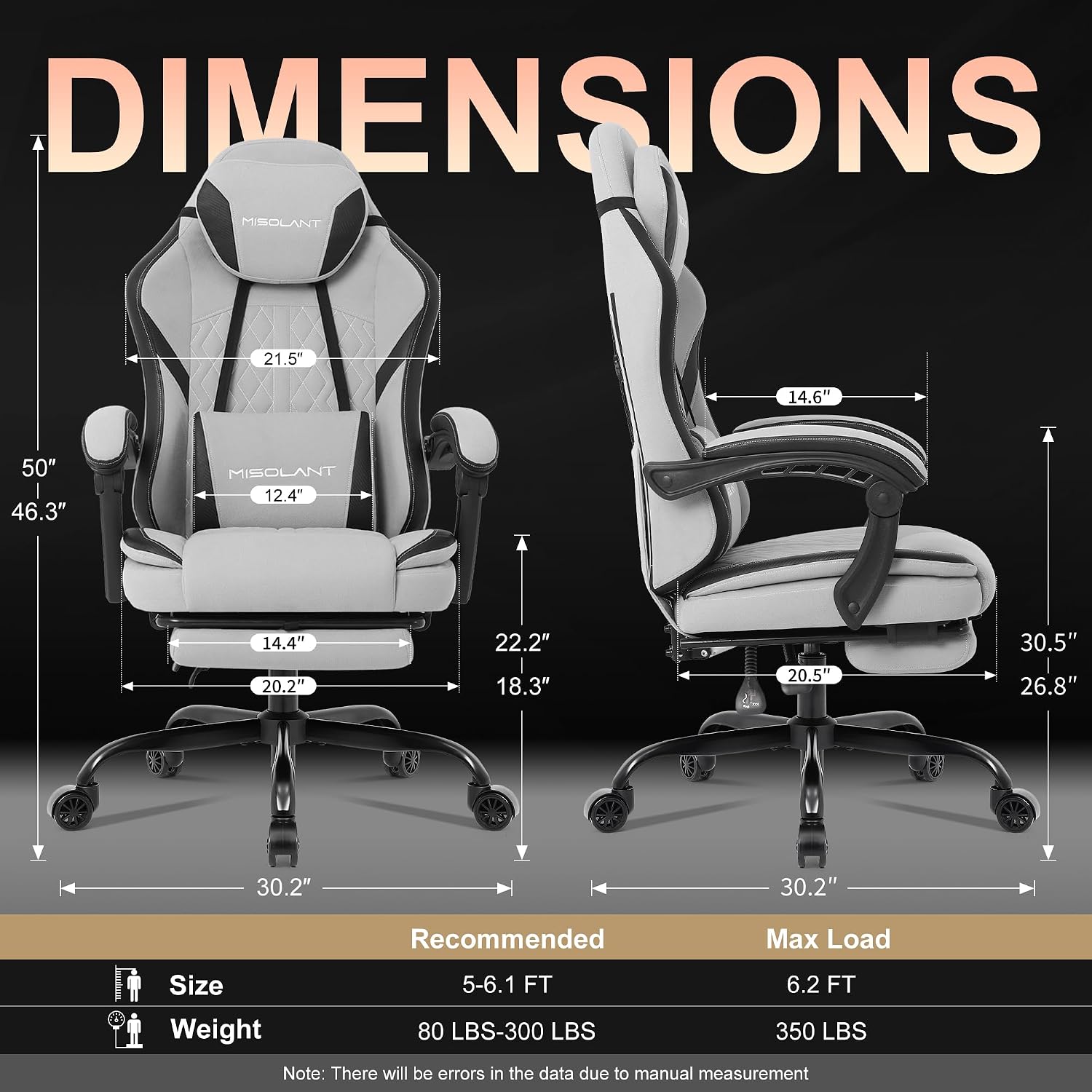 Misolant Gaming Chair, Fabric Gamer Chair with footrest for Adults, High Back Ergonomic Computer Game Chair with Adjustable Headrest and Massage Lumbar Support, 90-155° Recline Free, Gray