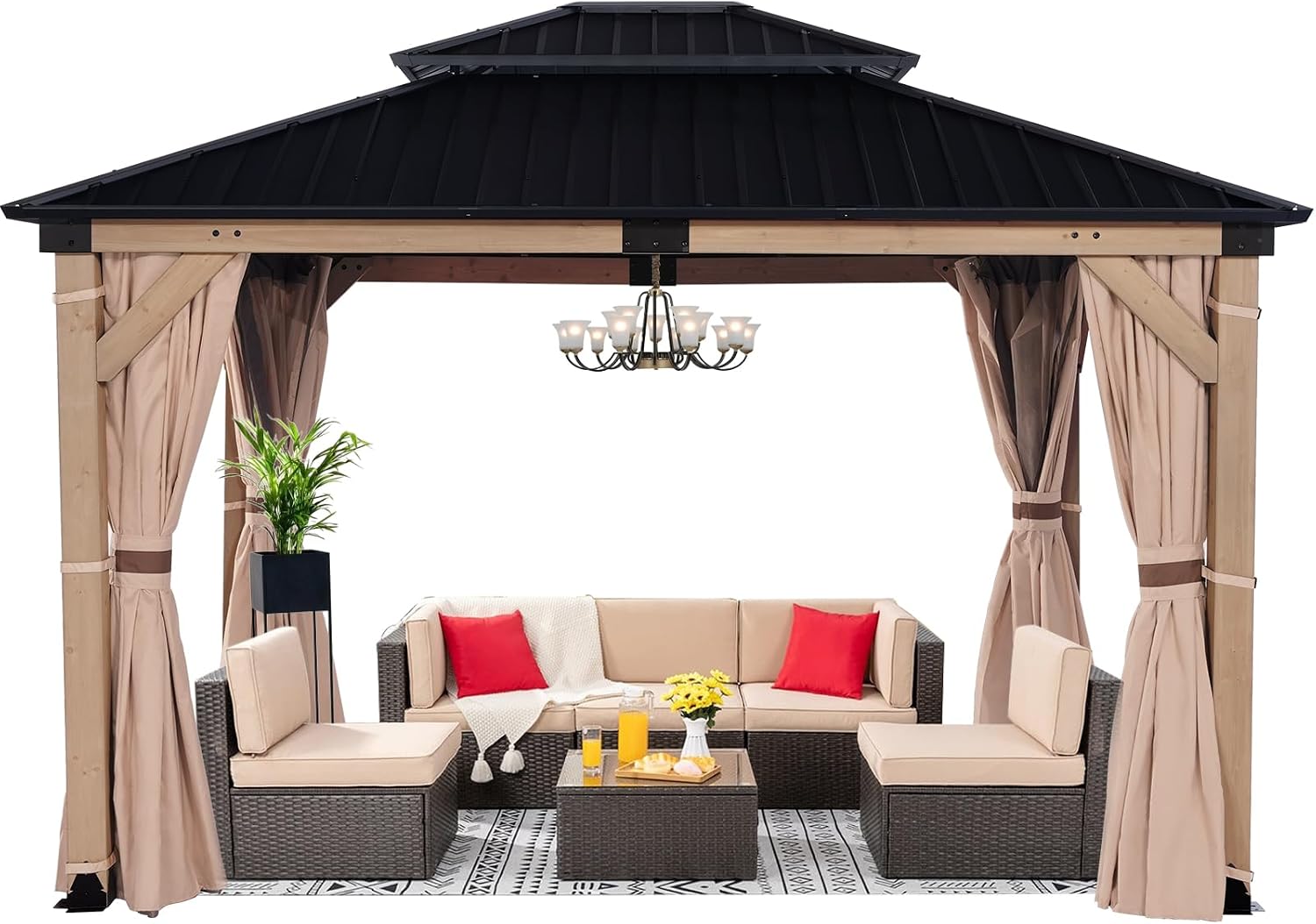 FAB BASED 10x12FT Hardtop Wood Gazebo, Natural Solid Cedar Frame Gazebo with 2-Tier Vented Roof, Outdoor Metal Canopy Pavilion with Netting & Curtains for Deck, Garden, Backyard, Lawn