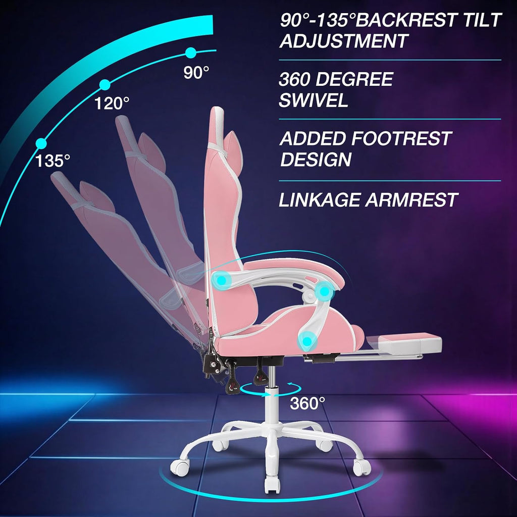 HOFFREE Gaming Chair with LED RGB Lights with Massage and Footrest Ergonomic Computer Chair High Back Video Game Chair with Adjustable Lumbar Support Linkage Armrest Pink and White