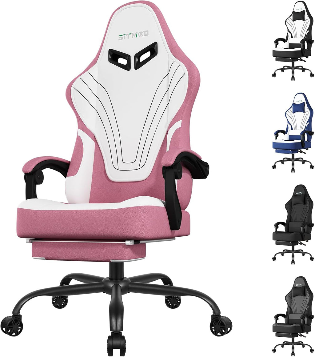 Gaming Chair Fabric, Ergonomic Computer Chair with Footrest, Video Gamer Chair with Pocket Spring Cushion,Linkage Armrests and Headrest Lumbar Support,Swivel Height Adjustable Office Chair for Adults