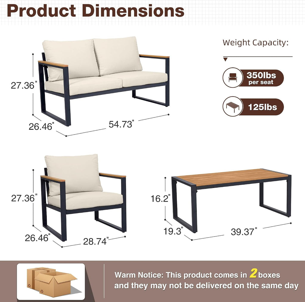 Patio Furniture Set, 4 Pieces Outdoor Patio Furniture with Coffee Table Set, Metal Patio Conversation Sets with Washable and High-Resiliency Sponge Cushions, Upgarded Beige