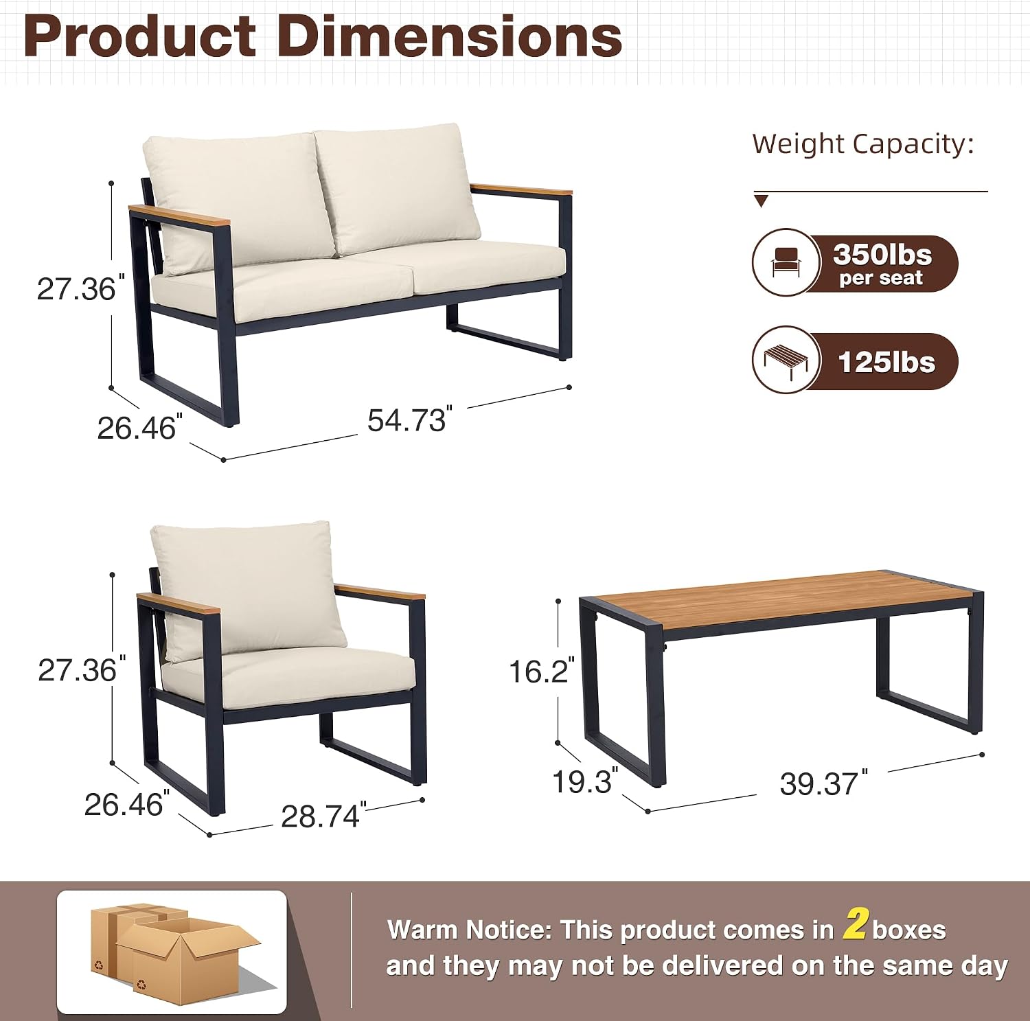 Patio Furniture Set, 4 Pieces Outdoor Patio Furniture with Coffee Table Set, Metal Patio Conversation Sets with Washable and High-Resiliency Sponge Cushions, Upgarded Beige