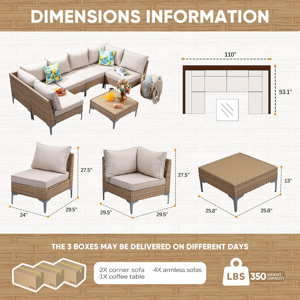 JOYURE 7 Piece Wicker Patio Furniture Set,Outdoor Conversation Sectional Sofa w/Coffee Table,All-Weather Outdoor Sofa with Thick and Anti-Slip Cushions for Deck,Poolside,Garden,Beige