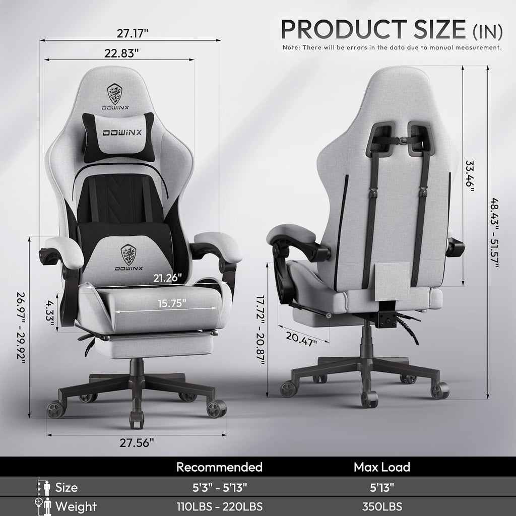Dowinx Big and Tall Gaming Chair Fabric with Footrest Pocket Spring Cushion for Home Office, High Back Recliner Height Adjustable Ergonomic Comfy Cloth Computer Desk Chair, Black Grey