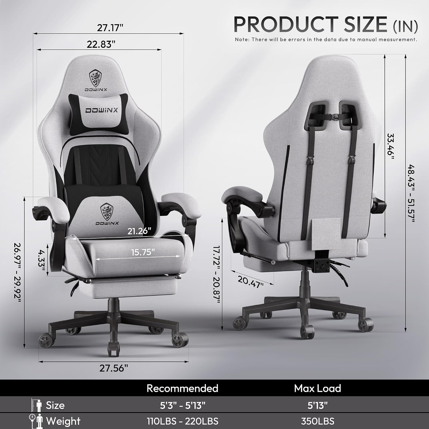 Dowinx Big and Tall Gaming Chair Fabric with Footrest Pocket Spring Cushion for Home Office, High Back Recliner Height Adjustable Ergonomic Comfy Cloth Computer Desk Chair, Black Grey