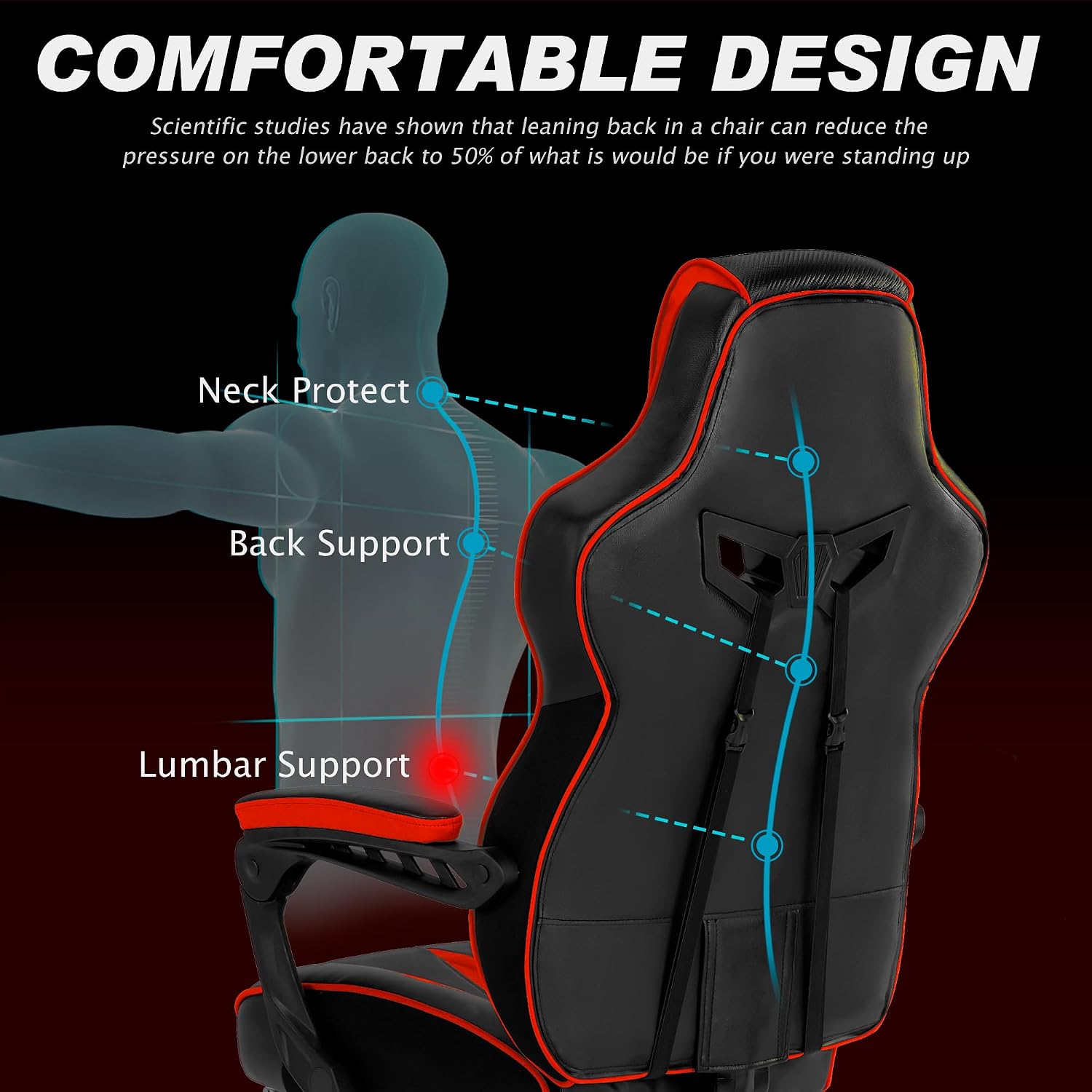 Vonesse Gaming Chair for Adults, Reclining Gaming Chairs with Footrest and Massage, Computer Gaming Chair for Heavy People,Ergonomic Gamer Chair Big and Tall (Red/Black)