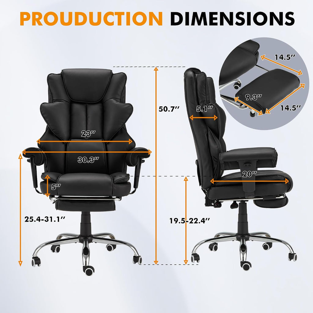HOMREST 6-Point Massage Office Chair,Heating Executive Chairs,Ergonomic Home Office Desk Chairs with Retractable Footrest and Reclining Function,Leather Computer Chair with Adjustable Armrest(Black)