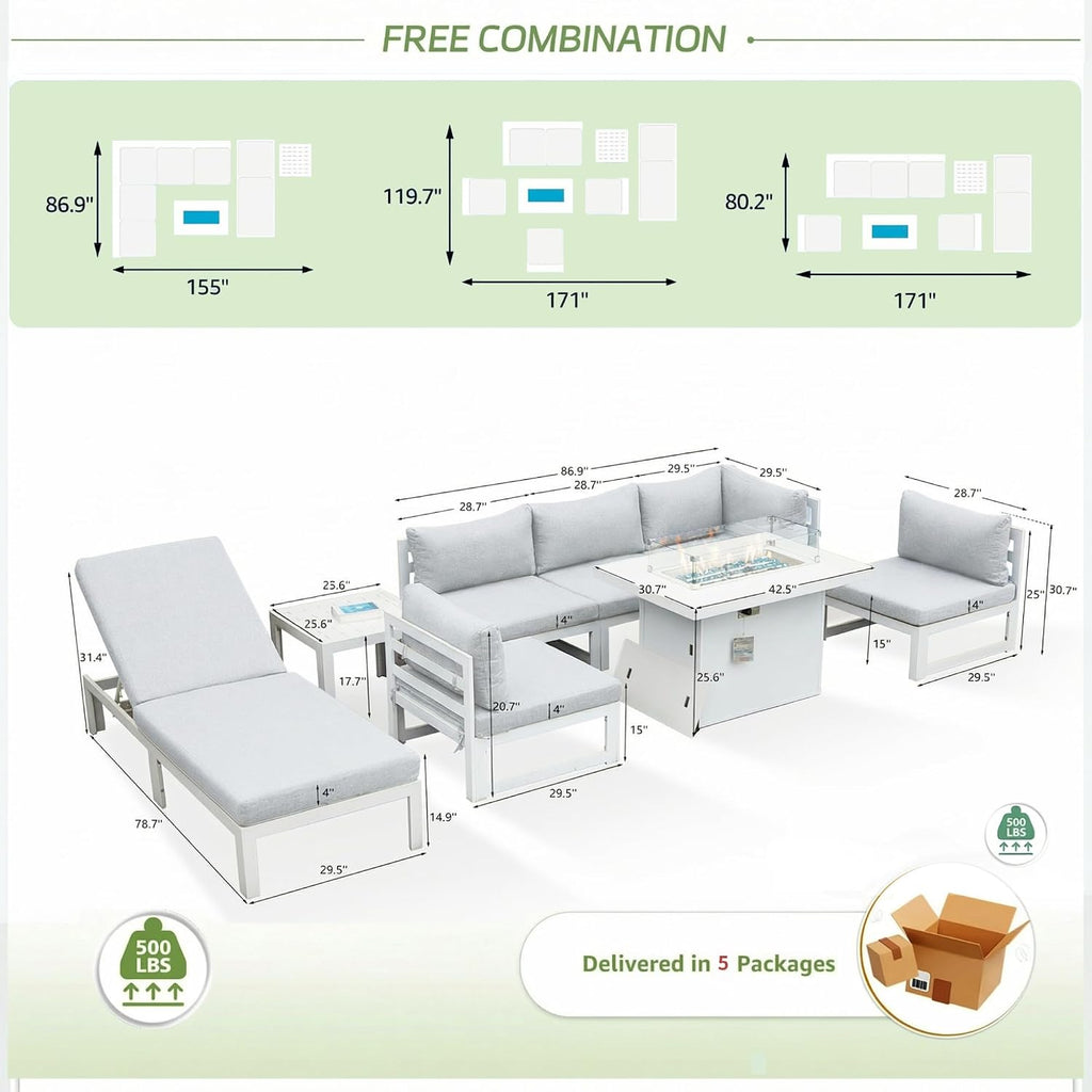 RADIATA 8 Pcs Modern Aluminum Patio Furniture Set, 500 lbs Heavy Duty Outdoor Sectional Sofa with Lounge & Fire Pit Table, 29 inch Deep Wide Seating, Comfy Conversation Couch for Backyard Deck, White