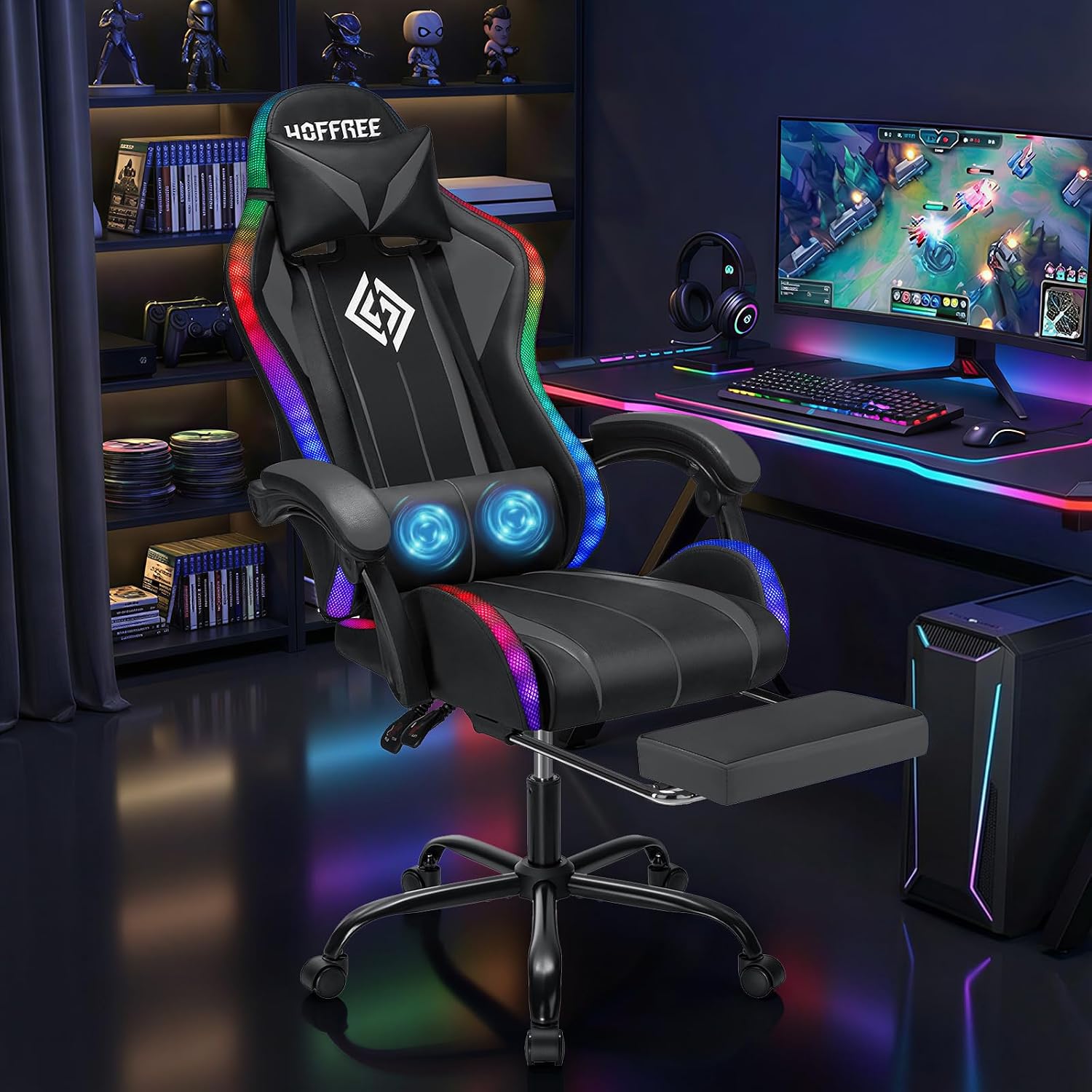 Gaming Chair Massage with LED RGB Lights and Footrest Ergonomic Computer Chair High Back Video Game Chair with Adjustable Lumbar Support Linkage Armrest Grey and Black