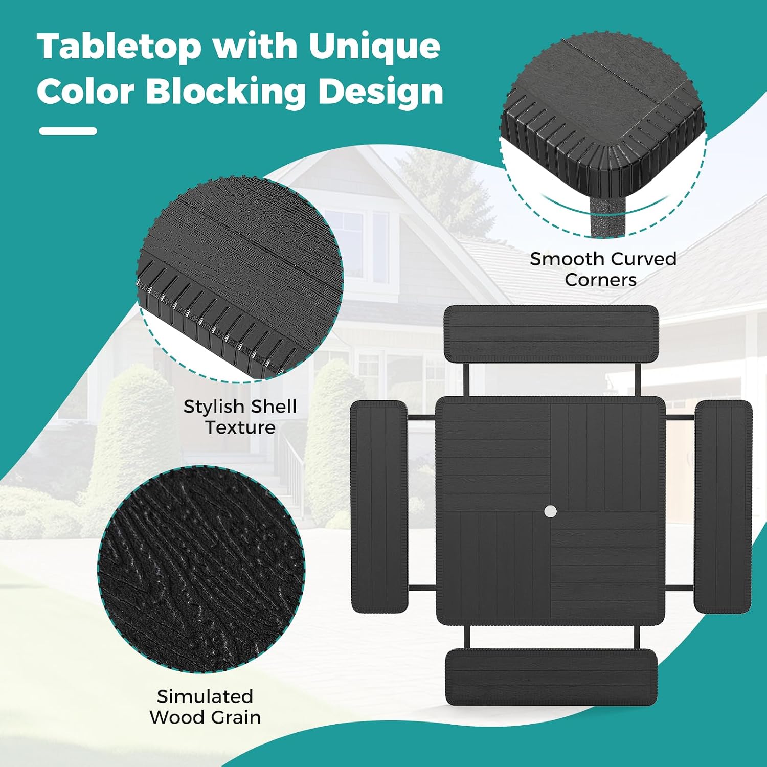 Giantex Picnic Table Bench Set for 4-8 People, 34' Outdoor Square Dining Table & 2 Benches w/Umbrella Hole, HDPE Tabletop, Metal Frame, Patio Camping Furniture for Backyard Porch Lawn (Black,Square)
