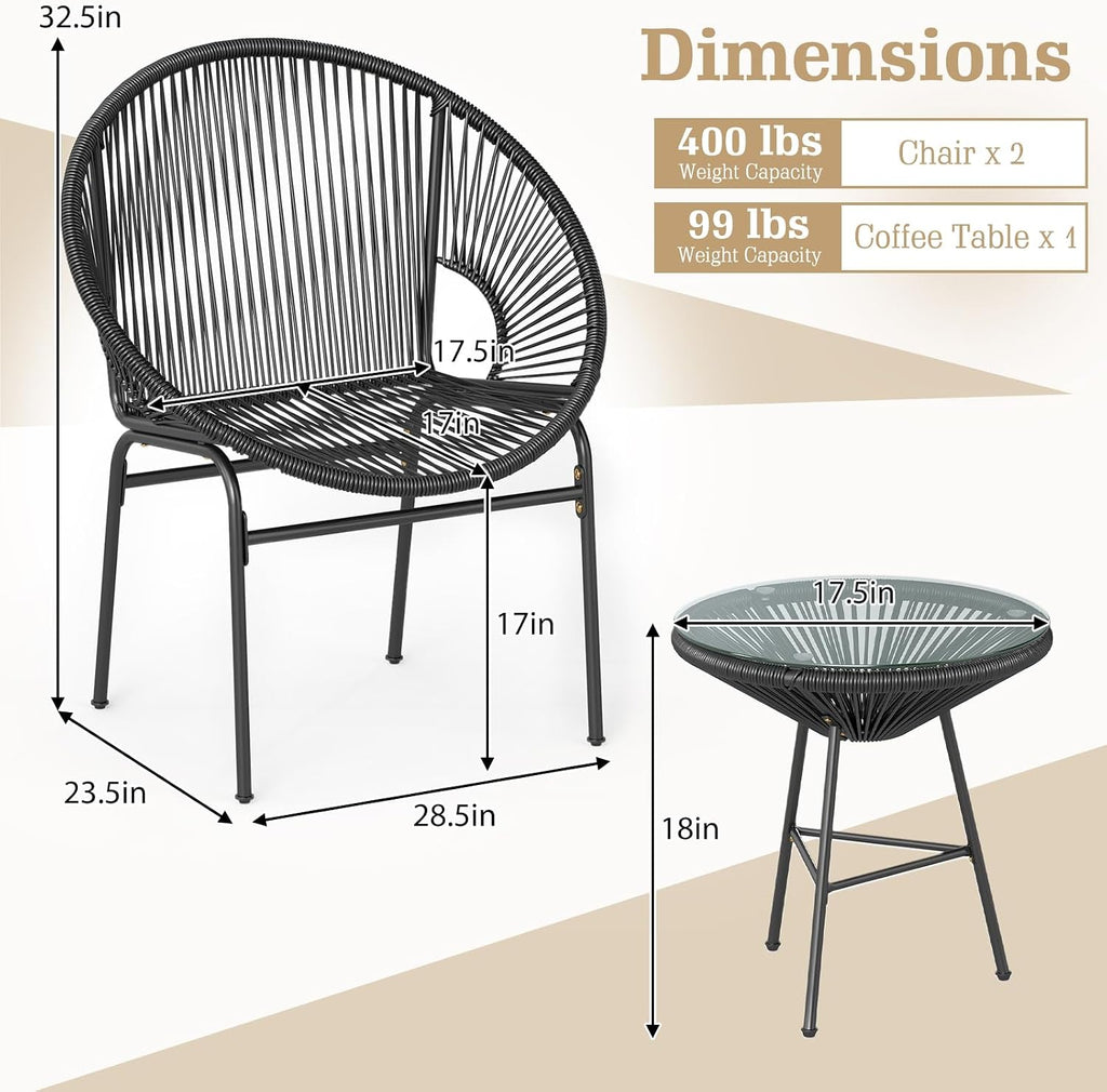 Tangkula 3 Piece Outdoor Patio Furniture Set, Acapulco Chair Set w/Plastic Rope, Tempered Glass Table, All Weather Patio Bistro Set for Patio, Lawn, Garden, Backyard (Black)
