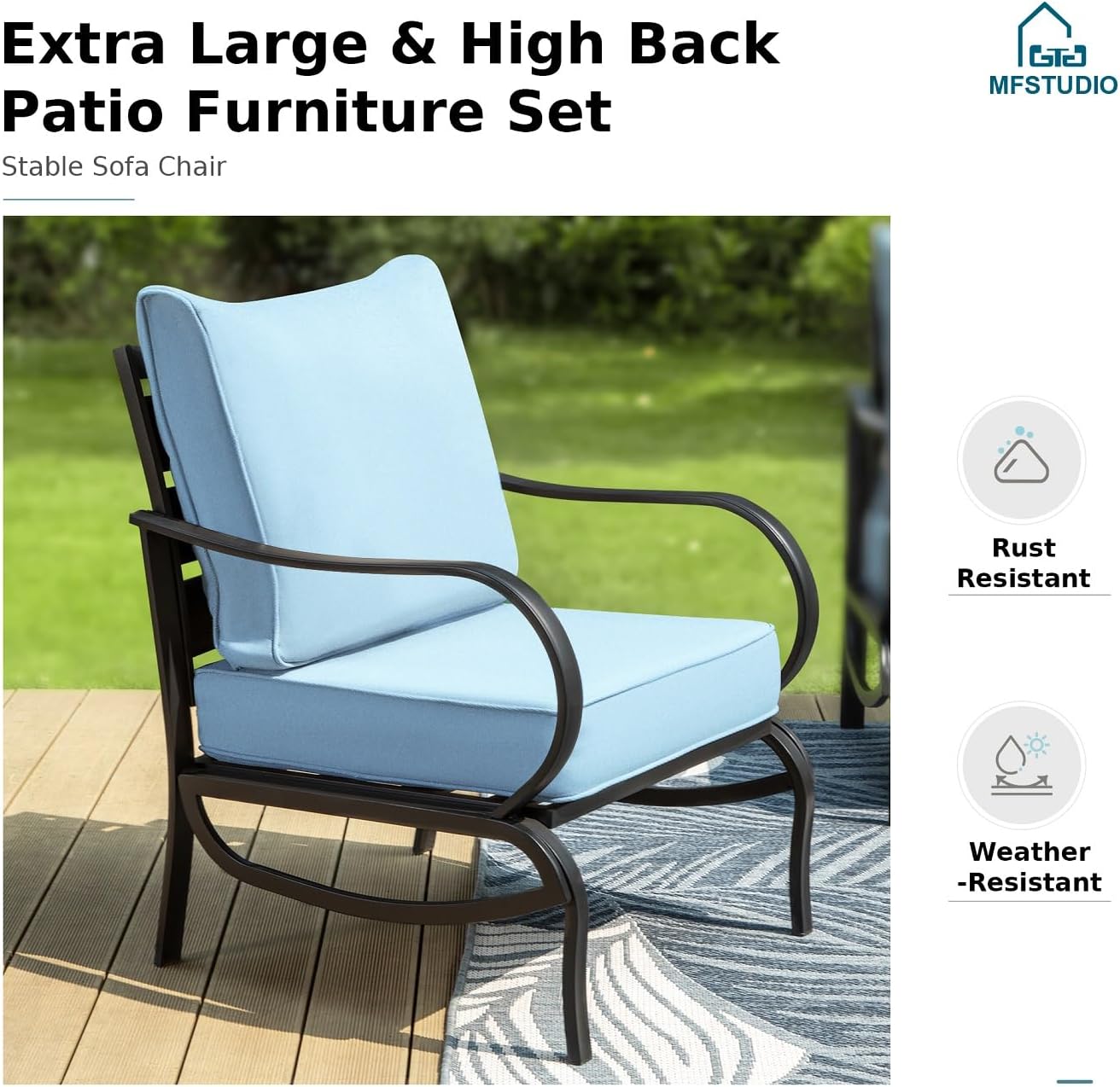 MFSTUDIO 4 Pieces Patio Conversation Sets, All Weather Metal Frame Outdoor Furniture Set Patio Sofas with 1 x 45 Rectangular Propane Fire Table, 1 x 3-Seat Sofa, 2 x Rocking Chairs, Blue Cushion