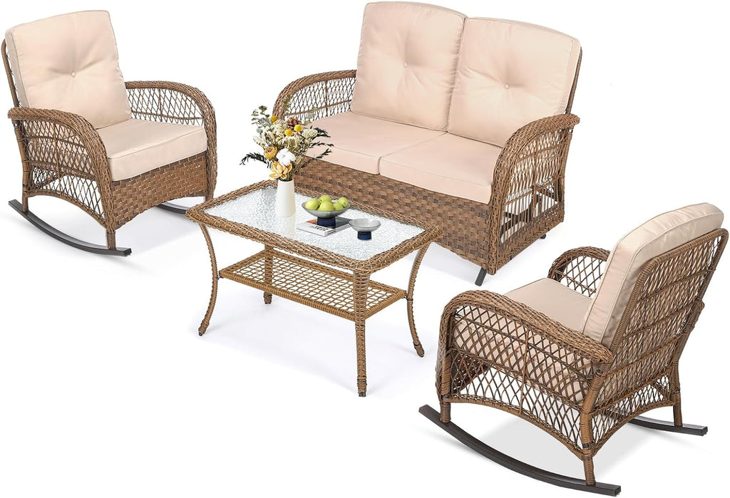 MEETWARM 4 Pieces Outdoor Wicker Patio Conversation Sets with Glider Loveseat, 2 Chairs with Glass-Top Coffee Table Rocking Chair Set, Wicker Conversation Set with Thickened Cushions