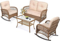 MEETWARM 4 Pieces Outdoor Wicker Patio Conversation Sets with Glider Loveseat, 2 Chairs with Glass-Top Coffee Table Rocking Chair Set, Wicker Conversation Set with Thickened Cushions