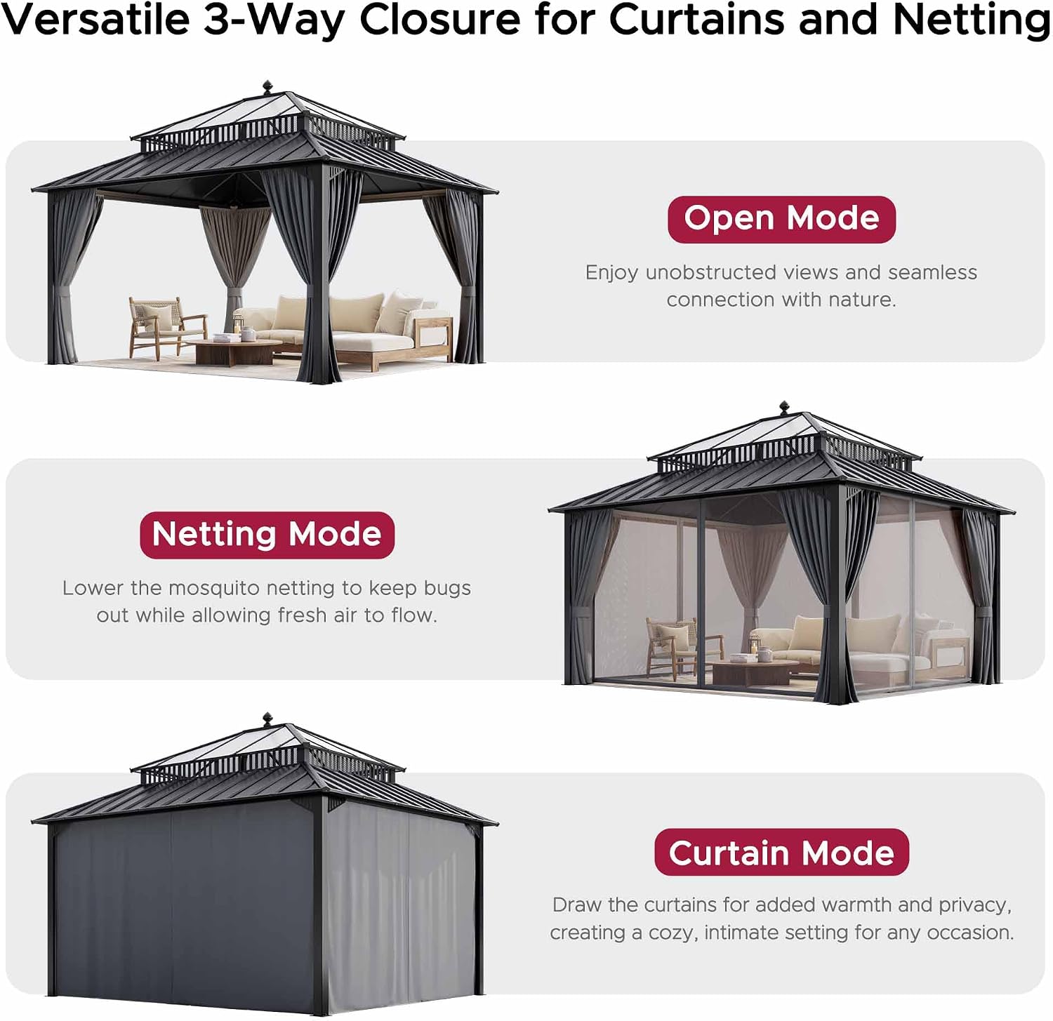 SUNJOY Kingston 14' x 12' Hardtop Gazebo with Galvanized Steel/Polycarbonate Double Roof, Curtain and Netting, Gray Aluminum Posts Permanent Pavilion Gazebo for Garden, Patio, Deck, Lawn