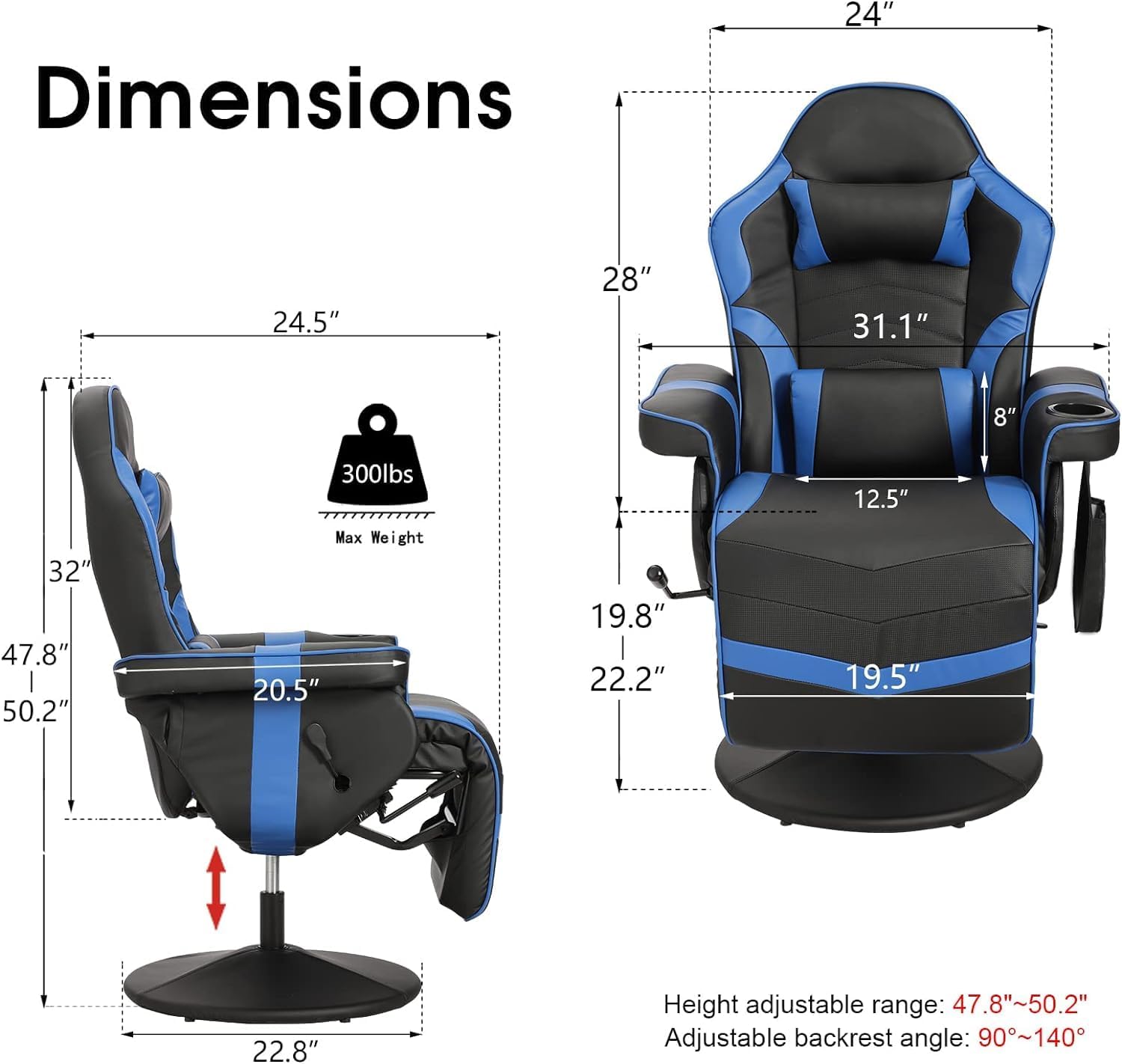 LVUYOYO Reclining Gaming Chair, Massage Gaming Chairs for Adults, High Back PU Leather Game Recliner w/Adjustable Height, Swivel Game Chair with Lumbar Support, Cup Holder, Headrest