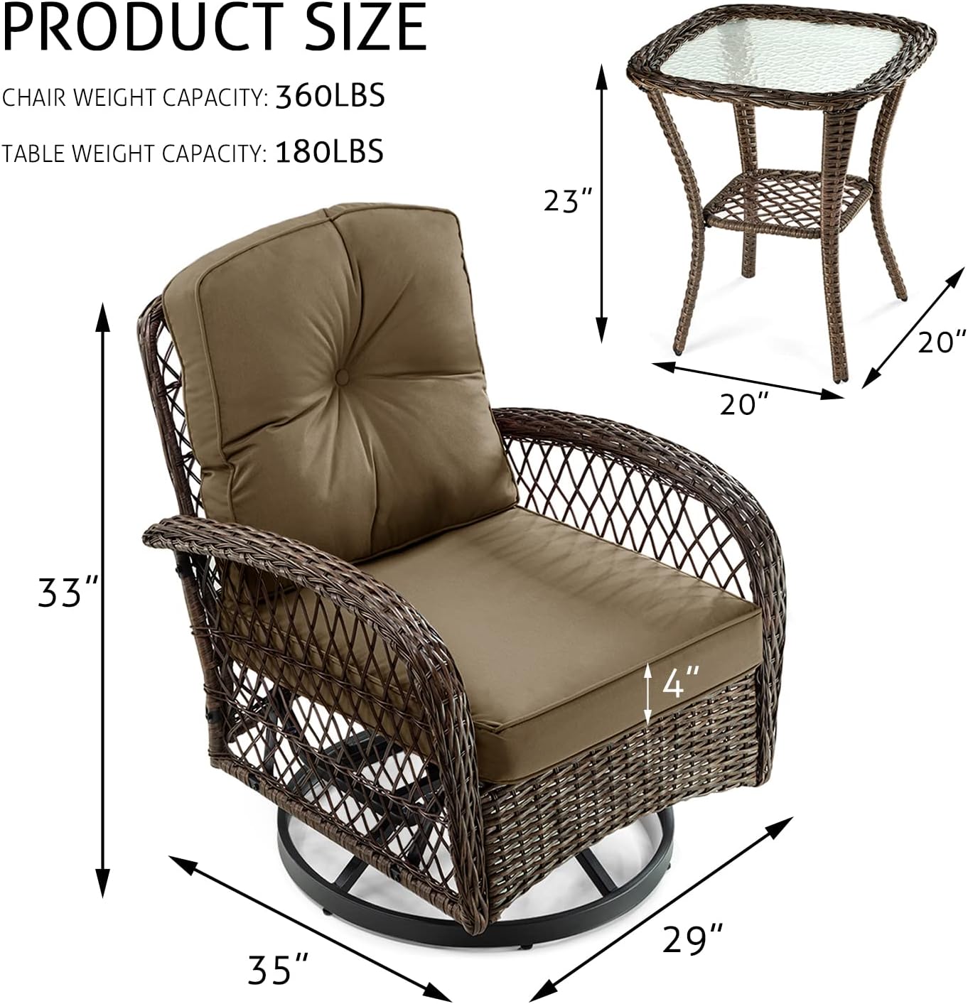 SHA CERLIN 3 Pieces Patio Furniture Set, Outdoor Swivel Glider Rocker, Wicker Patio Bistro Set with Rocking Chair, Cushions and Table (Khaki)