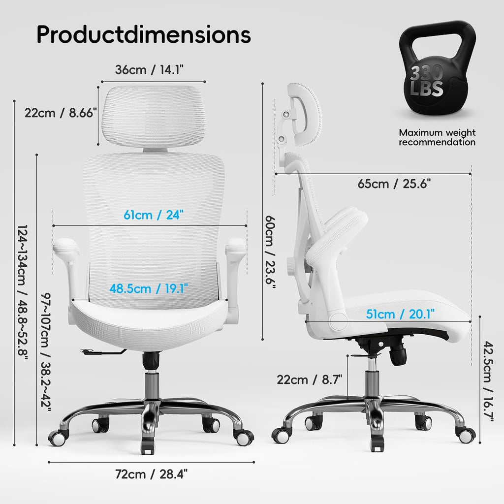 Ergalithic Office Home Ergonomic Desk Chair-Computer X-Shaped Chair Mesh PU Leather with Adjustable Lumbar Support-Executive Chair High Back with Headrest Flip-Up Arms for Long Hours (White)