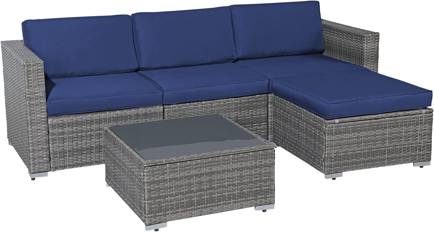 Patiorama 5 Piece Outdoor Patio Furniture Set, Outdoor Sectional Conversation Set, All-Weather Grey PE Wicker w/Navy Blue Cushions, Outdoor Backyard Porch Garden Poolside Balcony Furniture Set