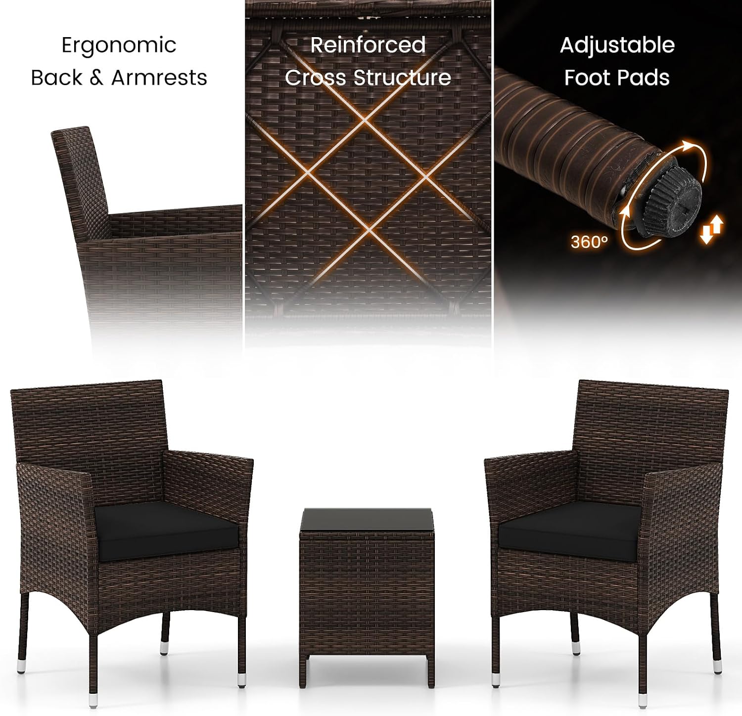 Tangkula 3 Pieces Patio Rattan Furniture Set, Outdoor Conversation Set with PE Wicker Armchairs, Tempered Glass Top Coffee Table, Soft Removable Cushions, for Porch Garden Yard Balcony (Black)