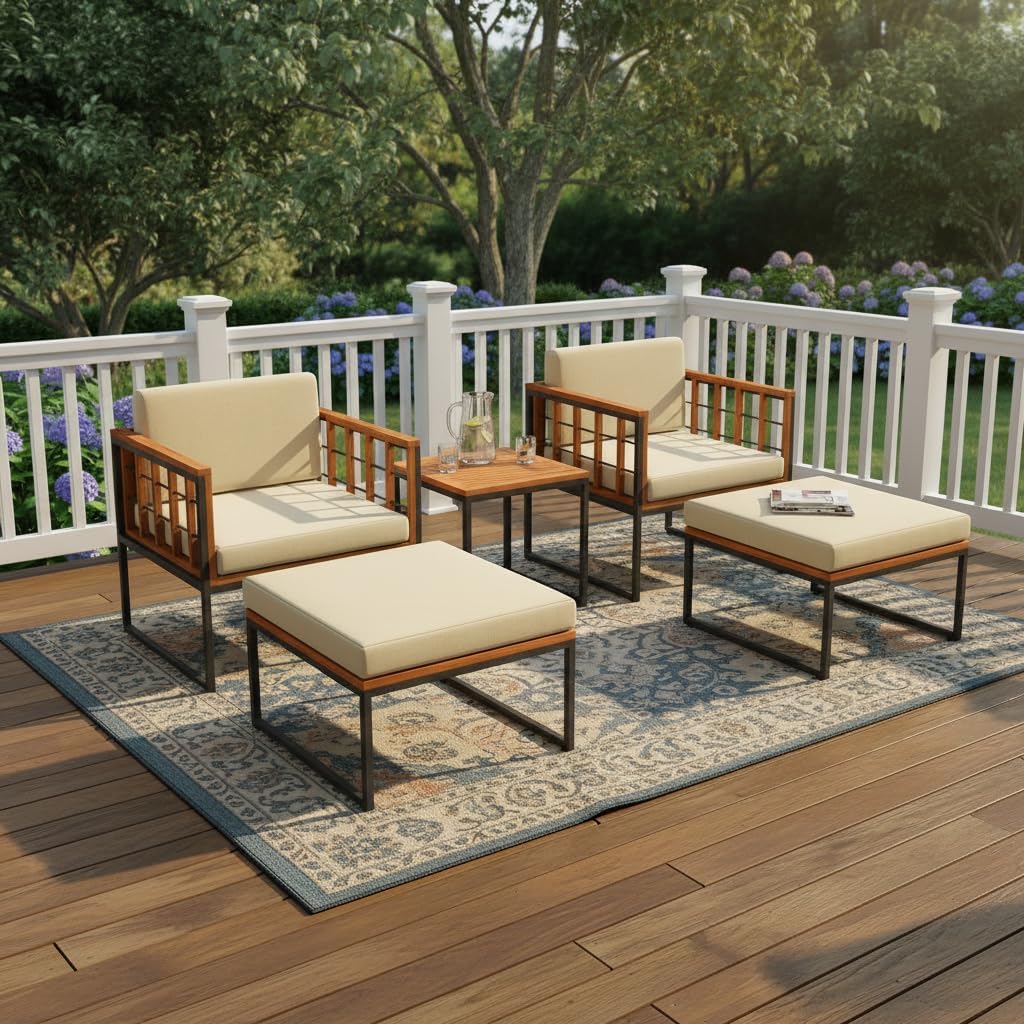 Tangkula 5 Pieces Acacia Wood Patio Furniture Set with Ottomans, Outdoor Conversation Set with Soft Cushions and Coffee Table for Poolside, Garden, Balcony and Backyard (Beige)