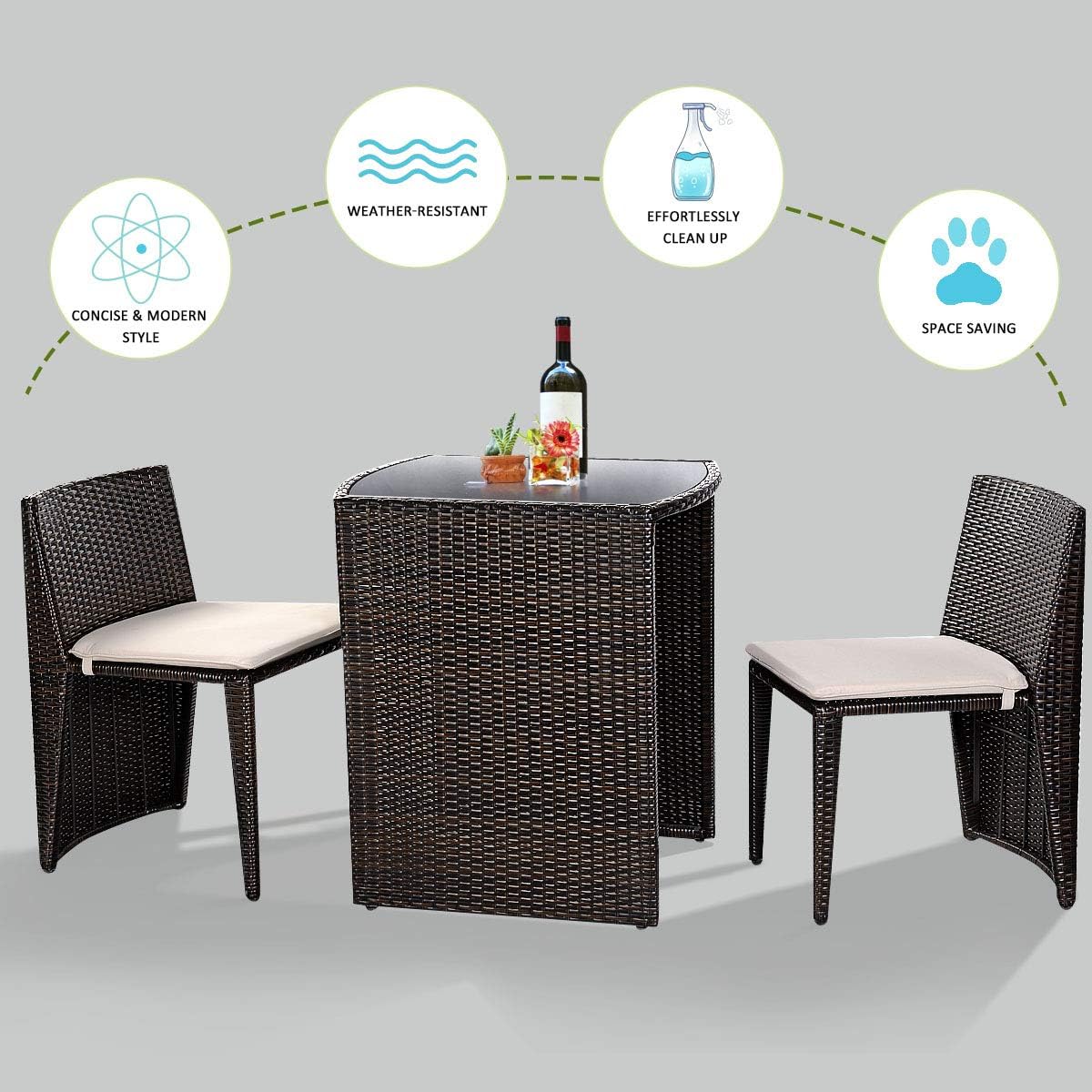 Giantex 3 PCS Cushioned Outdoor Wicker Patio Set Convention Bistro Set Garden Lawn Space Saving Conversation Sofa Furniture No Assembly (Brown)