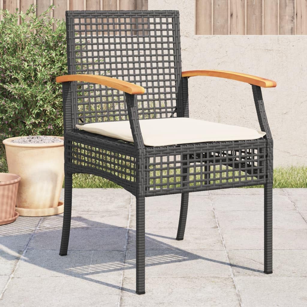 vidaXL Patio Chairs/Cushions Set - 4 Pcs Black Poly Rattan & Acacia Wood for Outdoor/Garden - Durable, Easy-to-Clean, Weather-, Removable Cushion Covers, Sturdy Steel Frame, Assembly Required, 21