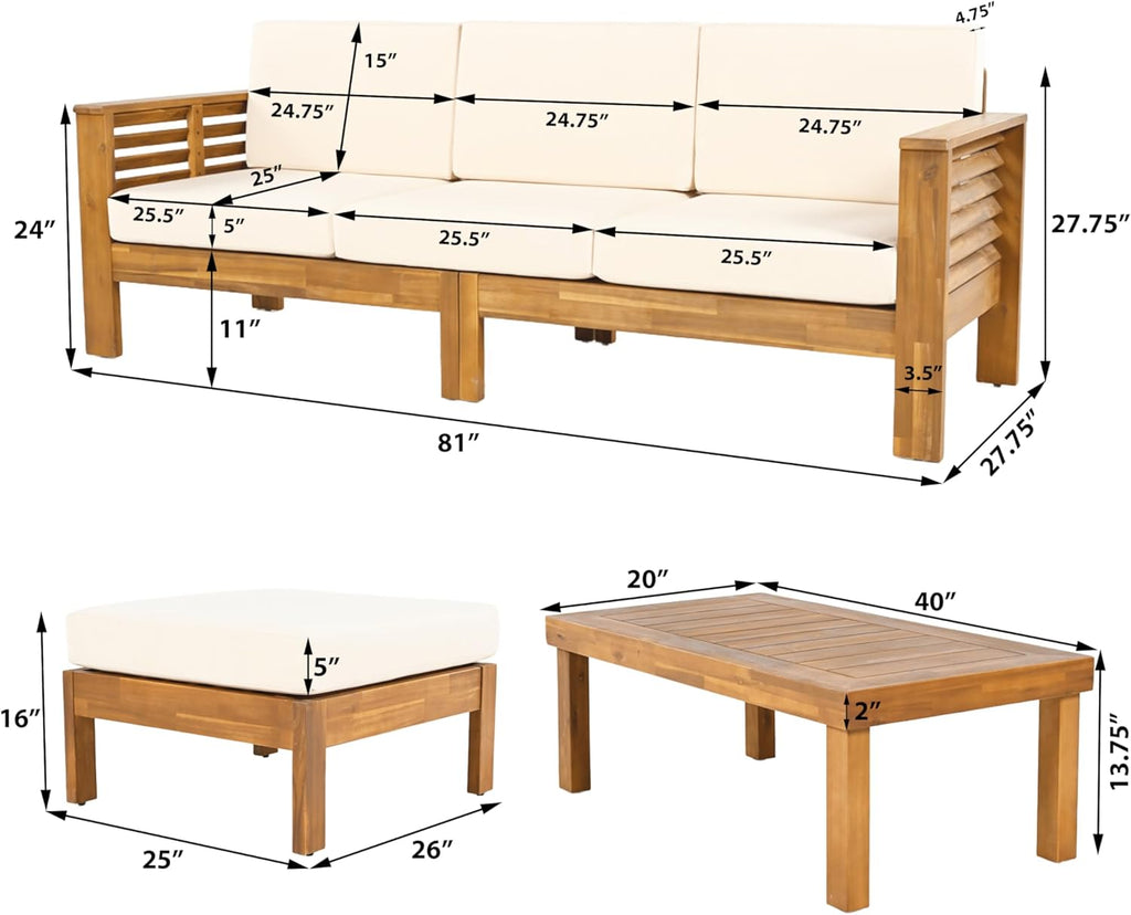 Christopher Knight Home Havets 3 Pieces Outdoor Acacia Furniture Set, Slat Panel Couch, Spacious Seating Armchair, 6' Thick Cushions Sofa and Coffee Table Set for Backyard Garden Balcony, Teak+Beige