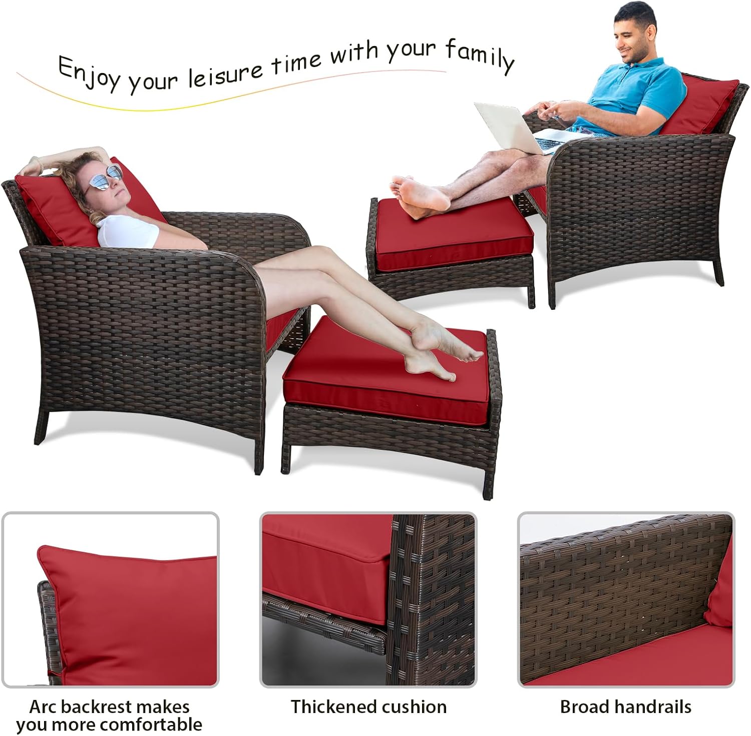 LEVELEVE Balcony Furniture 5 Piece Patio Conversation Set, PE Wicker Rattan Outdoor Lounge Chairs with Soft Cushions 2 Ottoman&Glass Table for Porch, Lawn-Brown Wicker（Wine Red